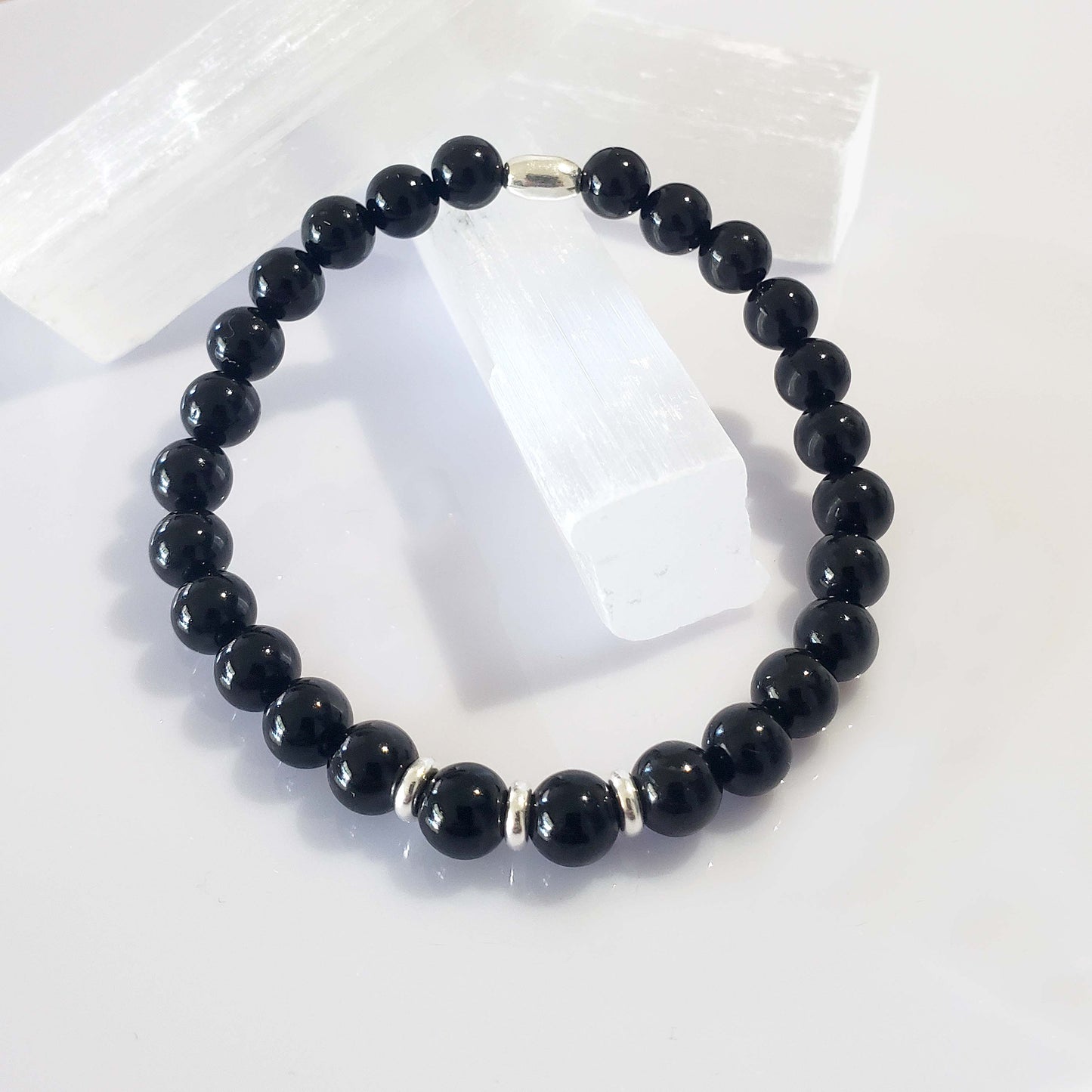Black Tourmaline Stretch Beaded Bracelet – Natural Healing Crystal 6mm with Sterling Silver 925