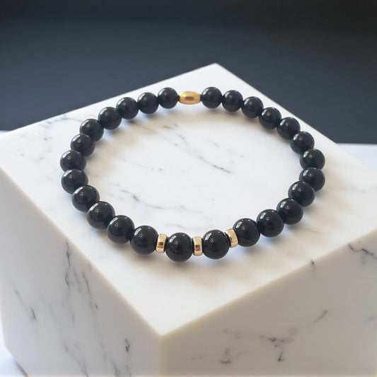 SanaBelle® Black Tourmaline Healing Bracelet – 6mm Natural Gemstones with Gold Accents