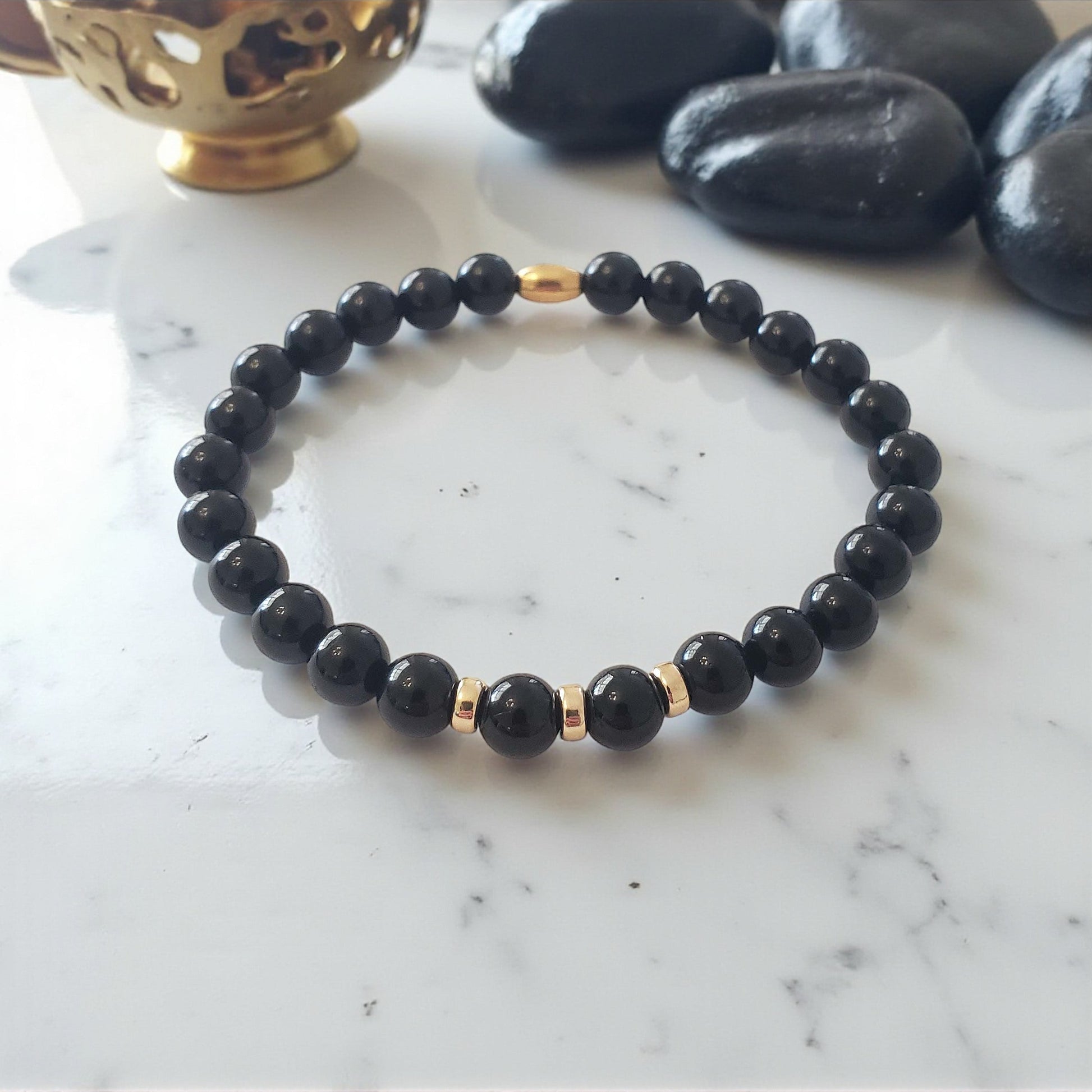 Men's Black Tourmaline Stretch Beaded Bracelet – Natural Healing Crystal 6mm with Gold Accents