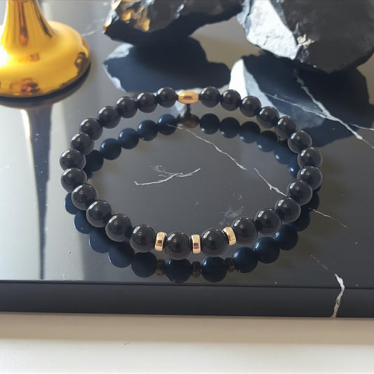 Men's Black Tourmaline Stretch Beaded Bracelet – Natural Healing Crystal 6mm with Gold Accents