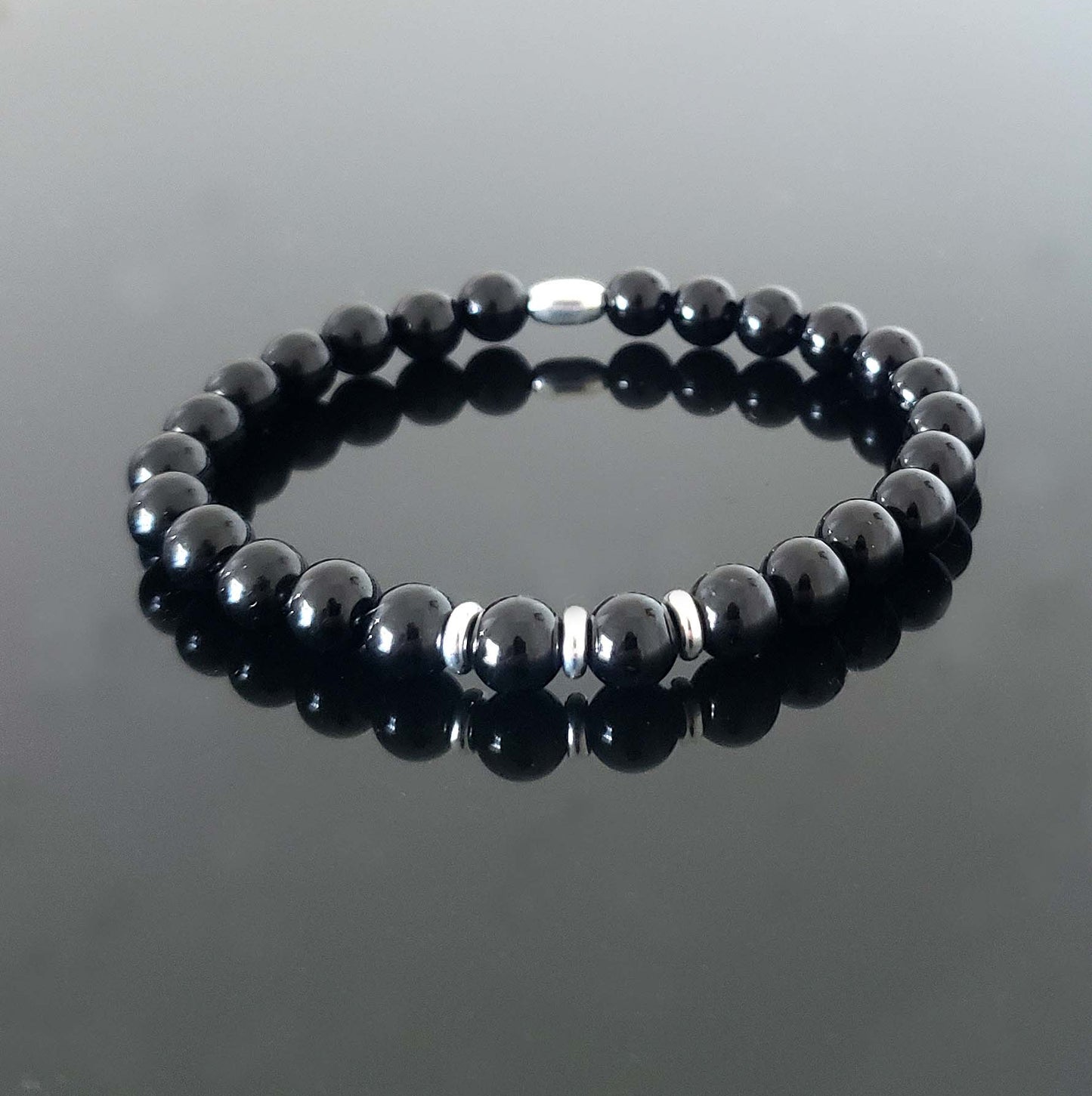 Black Tourmaline Stretch Beaded Bracelet – Natural Healing Crystal 6mm with Sterling Silver 925