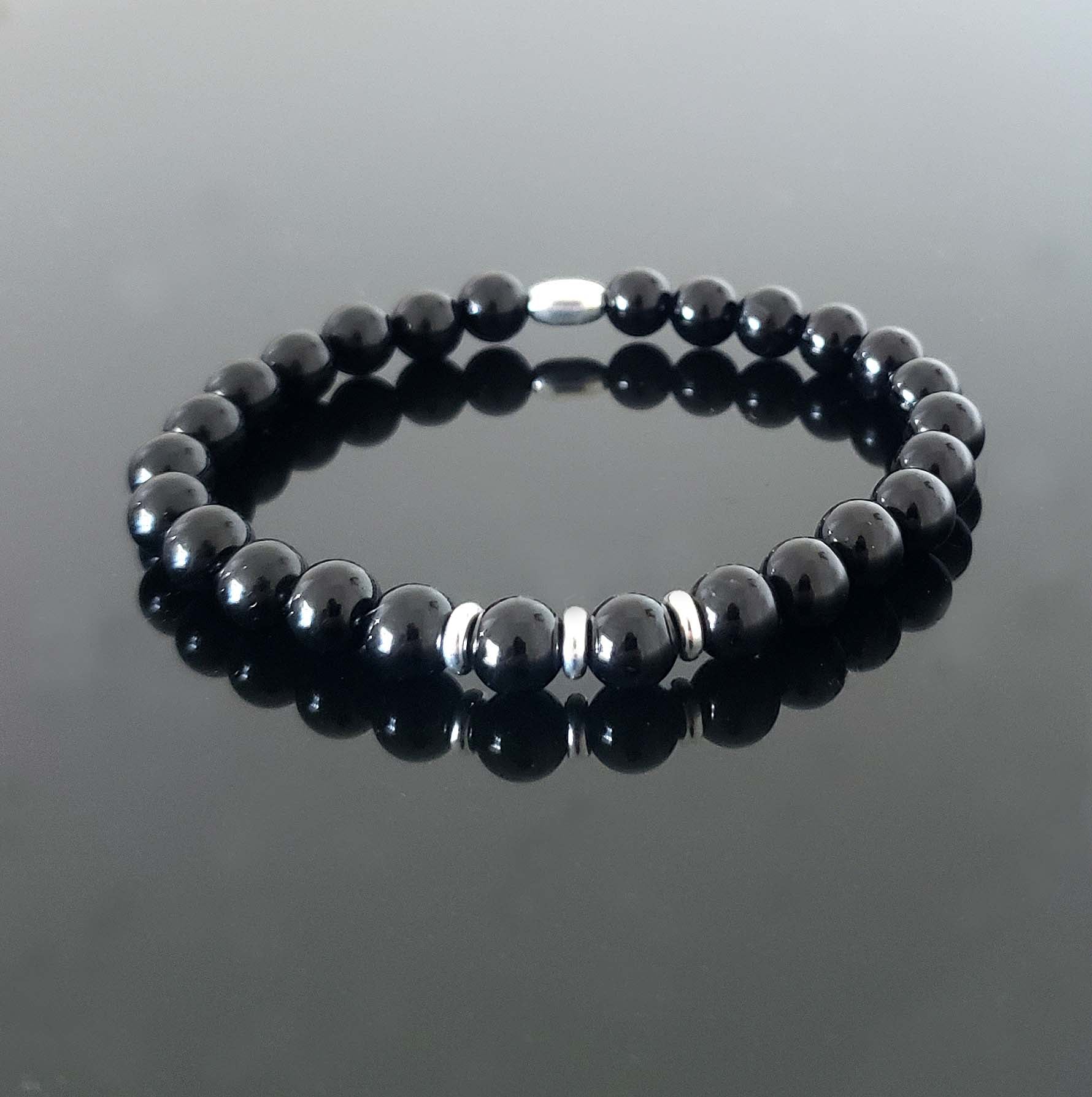 Black Tourmaline Stretch Beaded Bracelet – Natural Healing Crystal 6mm with Sterling Silver 925