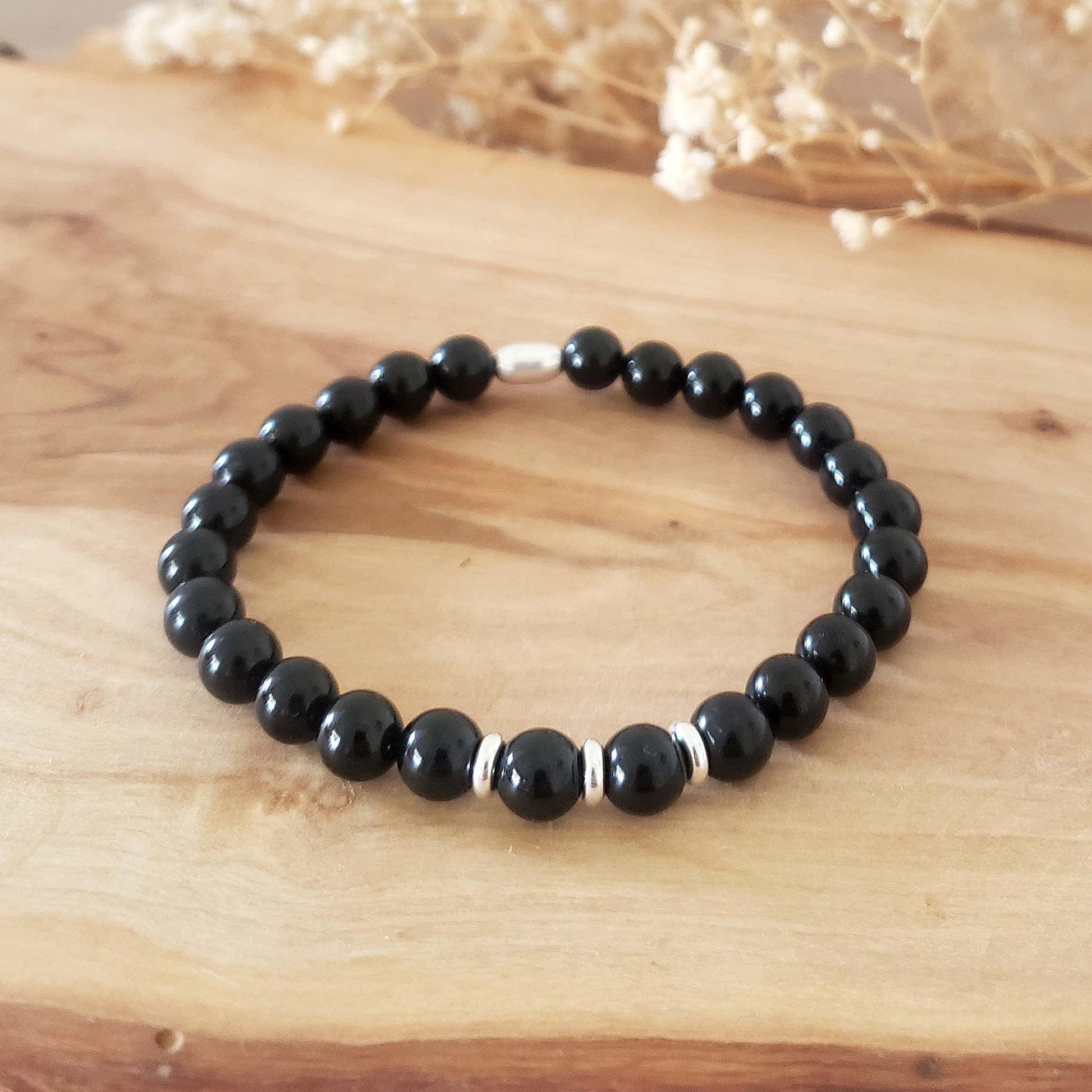 Black Tourmaline Stretch Beaded Bracelet – Natural Healing Crystal 6mm with Sterling Silver 925