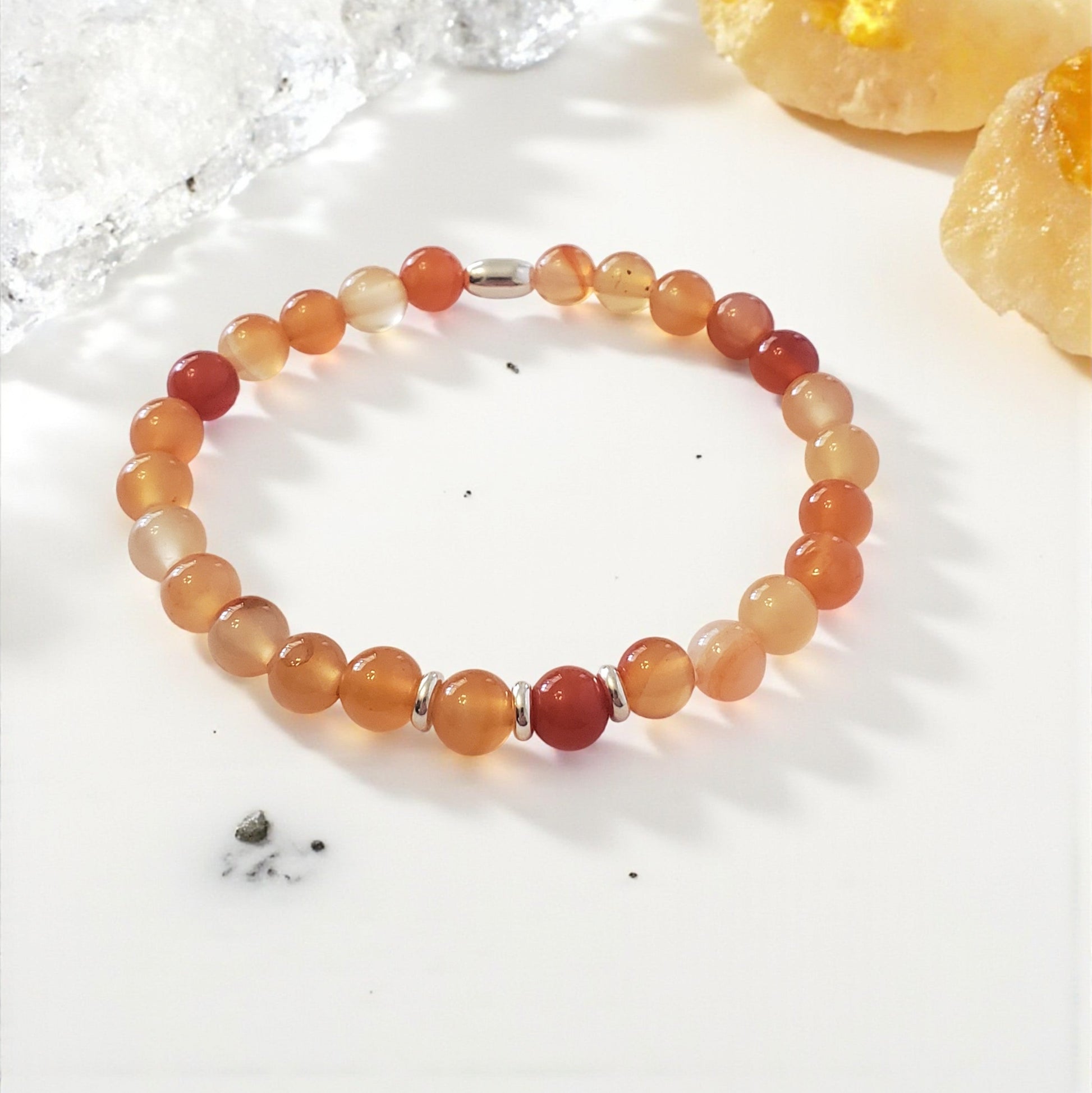 Carnelian Stretch Beaded Bracelet – Natural Healing Crystal 6mm with Sterling Silver 925