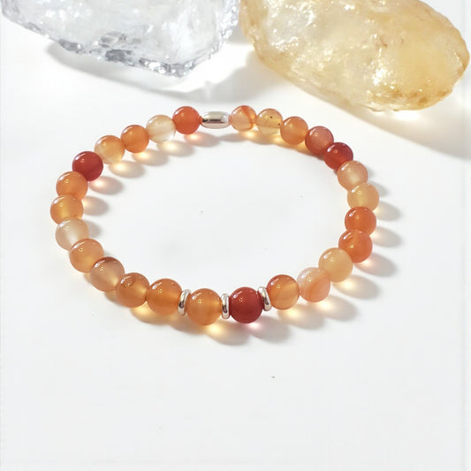 Carnelian Stretch Beaded Bracelet – Natural Healing Crystal 6mm with Sterling Silver 925