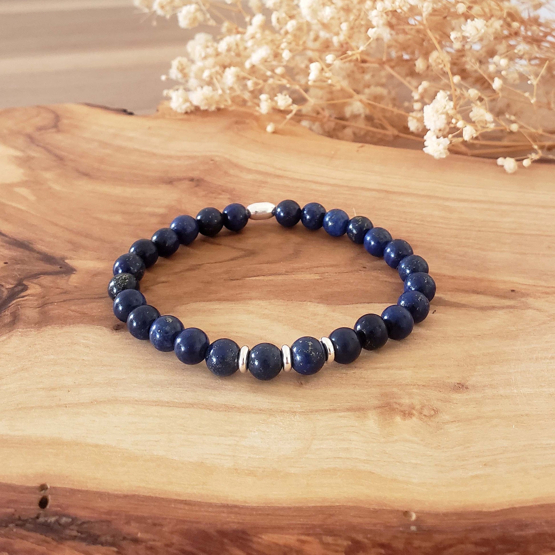 SanaBelle® Men’s Lapis Lazuli Healing Bracelet – 6mm Natural Gemstones with Sterling Silver Accents