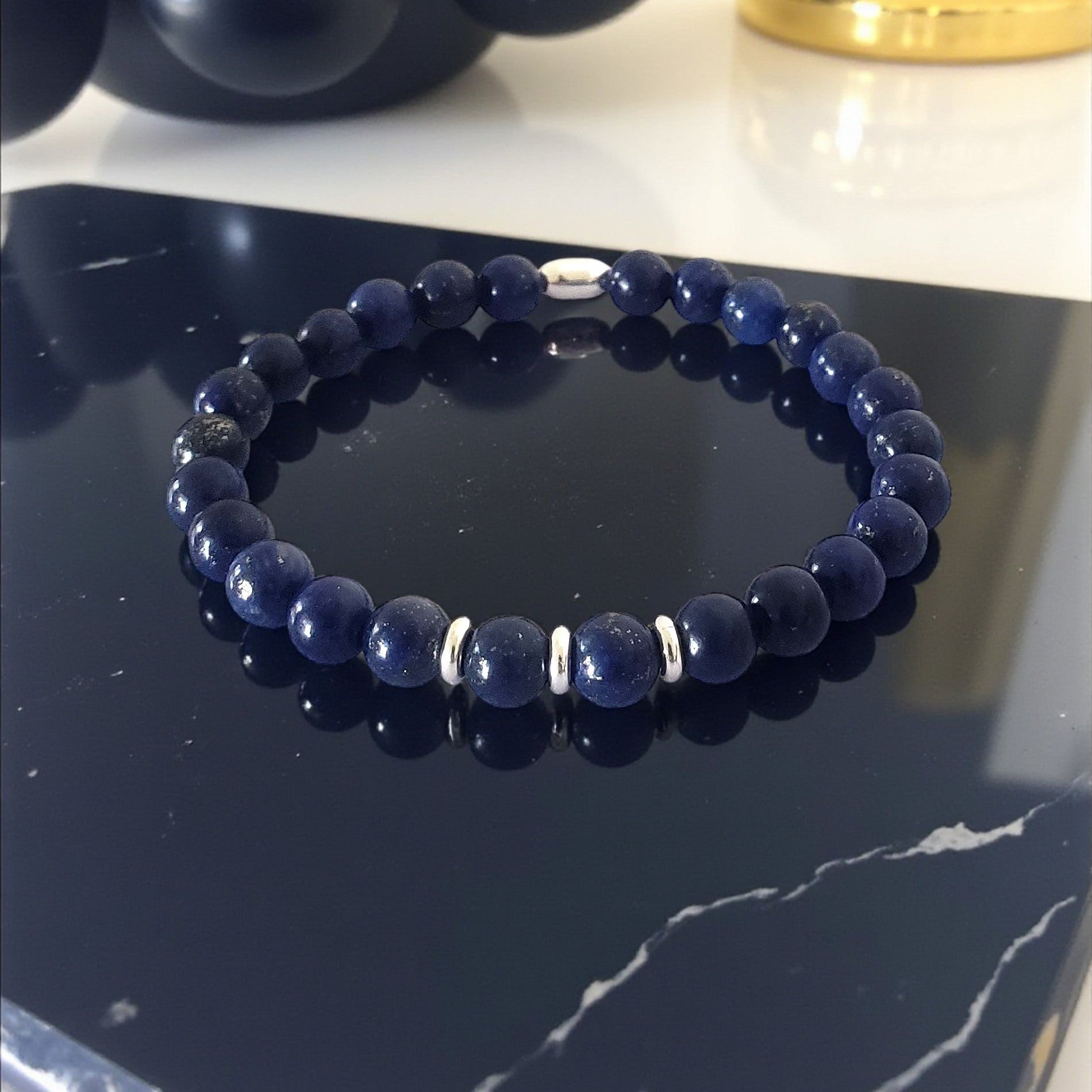 SanaBelle® Men’s Lapis Lazuli Healing Bracelet – 6mm Natural Gemstones with Sterling Silver Accents