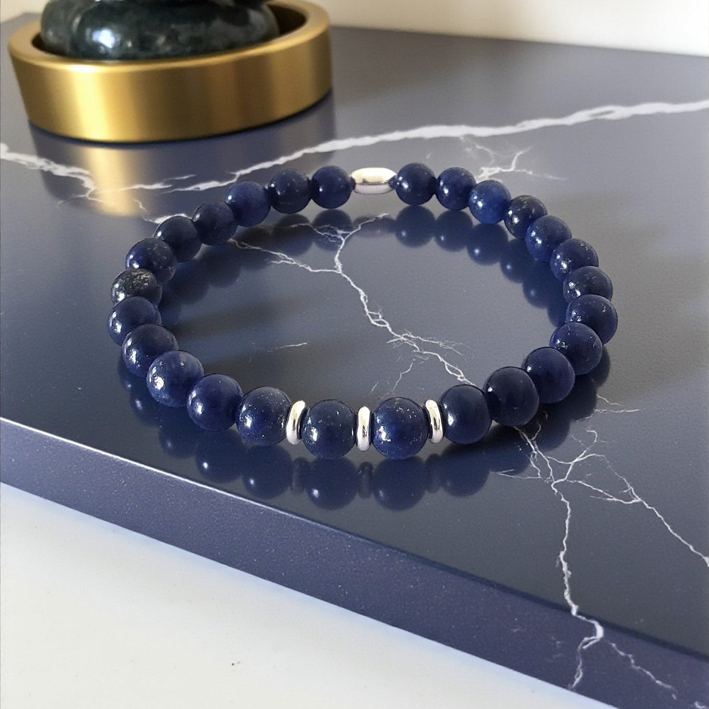 SanaBelle® Men’s Lapis Lazuli Healing Bracelet – 6mm Natural Gemstones with Sterling Silver Accents