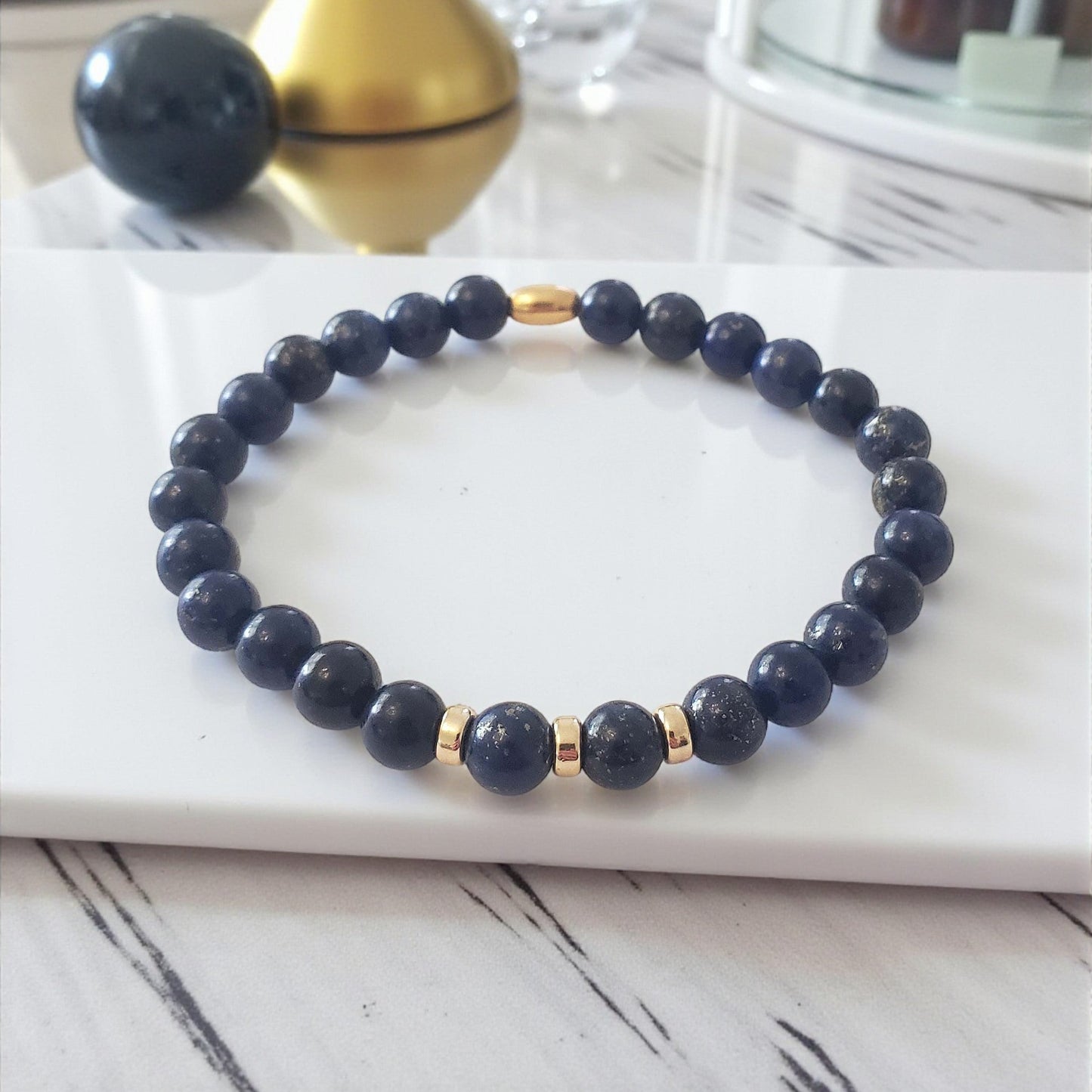 SanaBelle® Men’s Lapis Lazuli Healing Bracelet – 6mm Natural Gemstones with Gold Accents