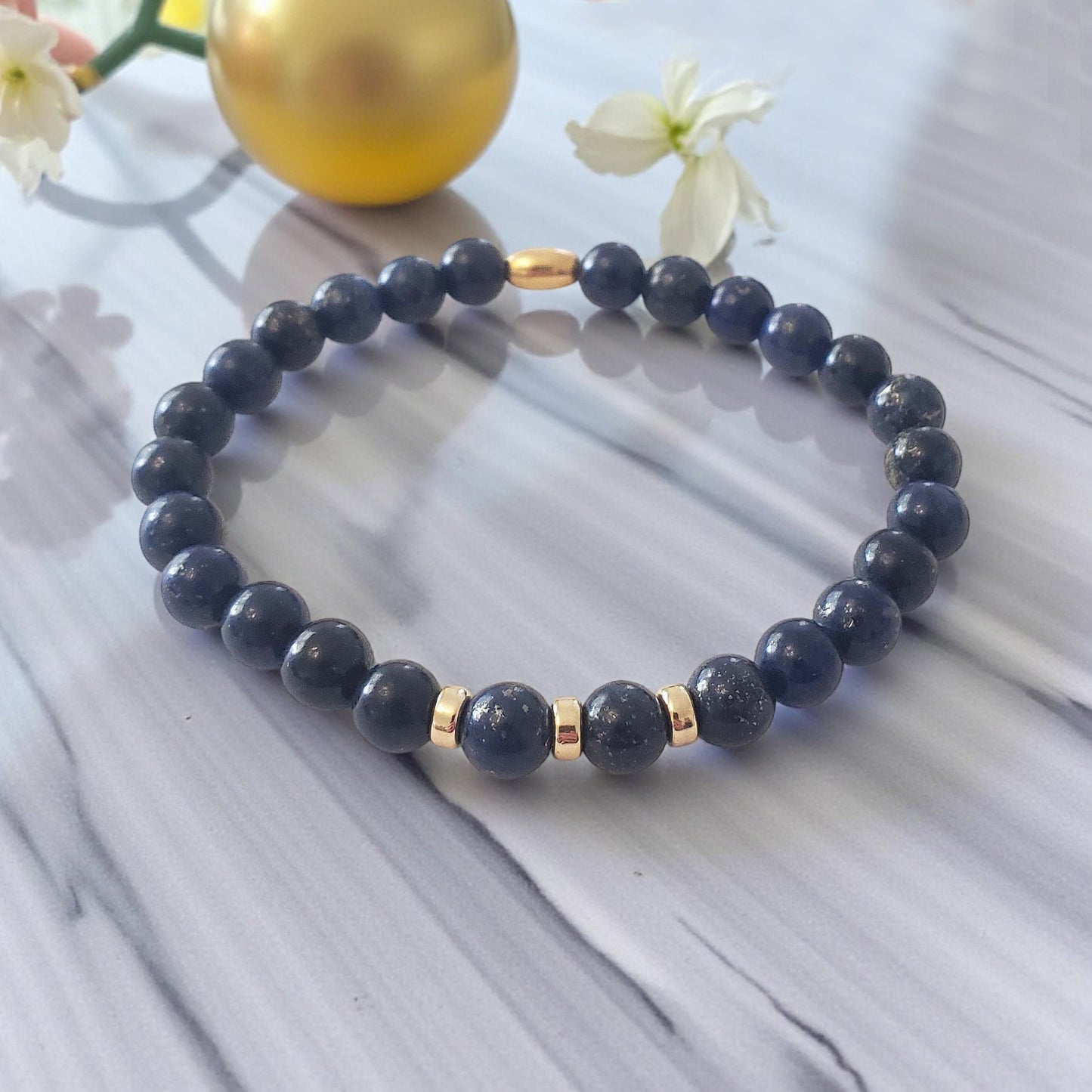 SanaBelle® Men’s Lapis Lazuli Healing Bracelet – 6mm Natural Gemstones with Gold-Plated Sterling Silver Accents