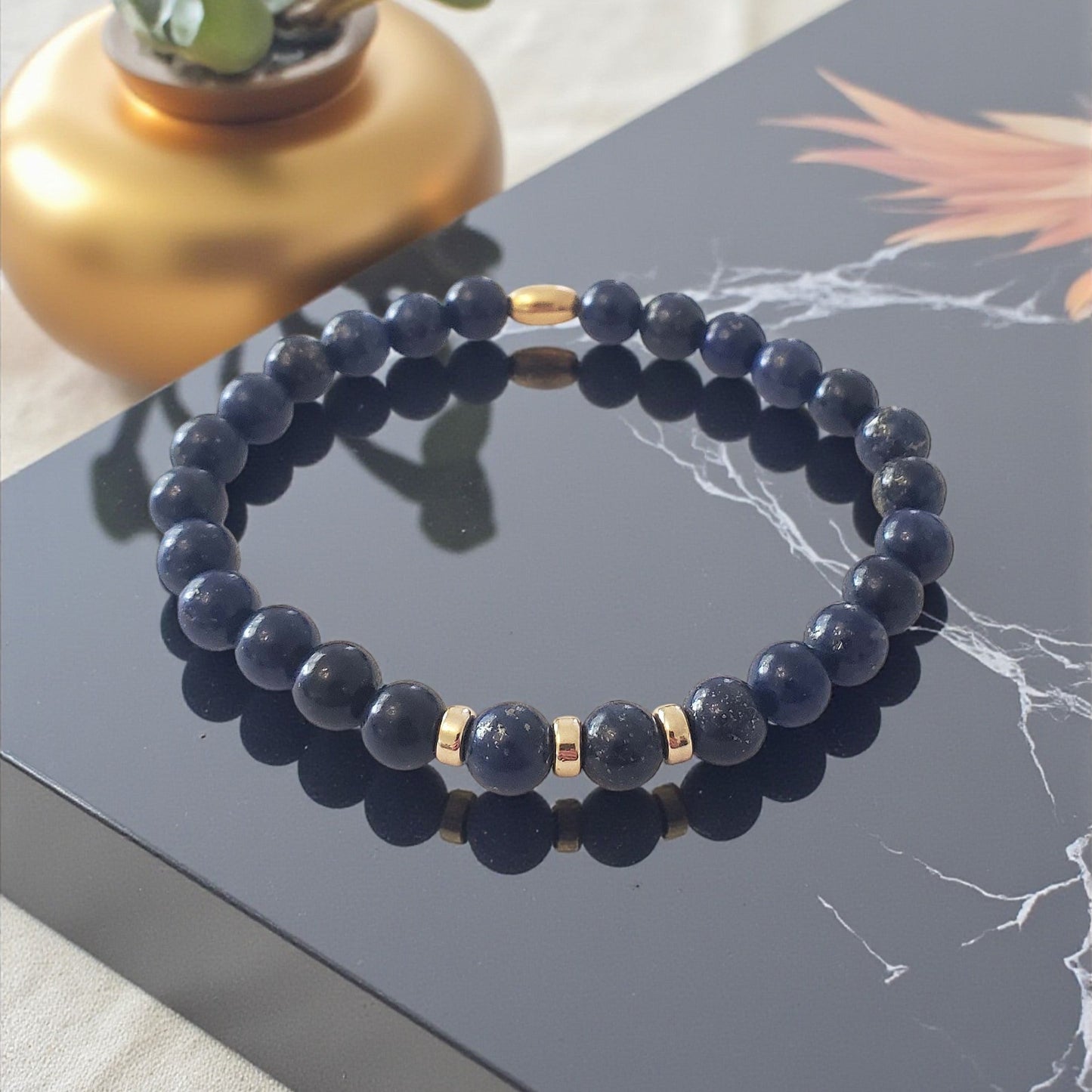 SanaBelle® Men’s Lapis Lazuli Healing Bracelet – 6mm Natural Gemstones with Gold-Plated Sterling Silver Accents
