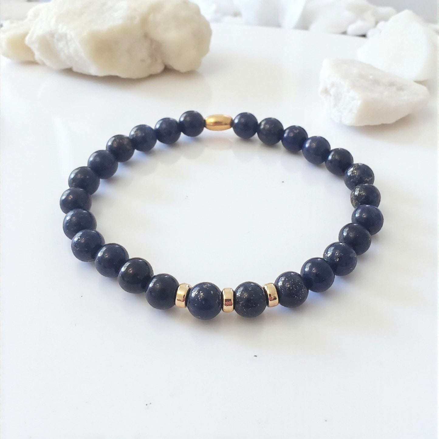 SanaBelle® Men’s Lapis Lazuli Healing Bracelet – 6mm Natural Gemstones with Gold Accents