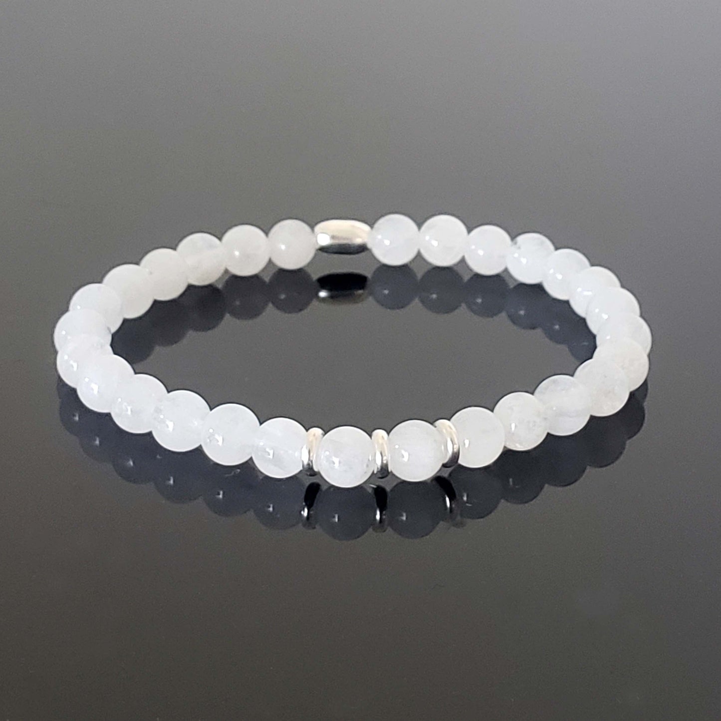 Moonstone Stretch Beaded Bracelet – Natural Healing Crystal 6mm with Sterling Silver 925