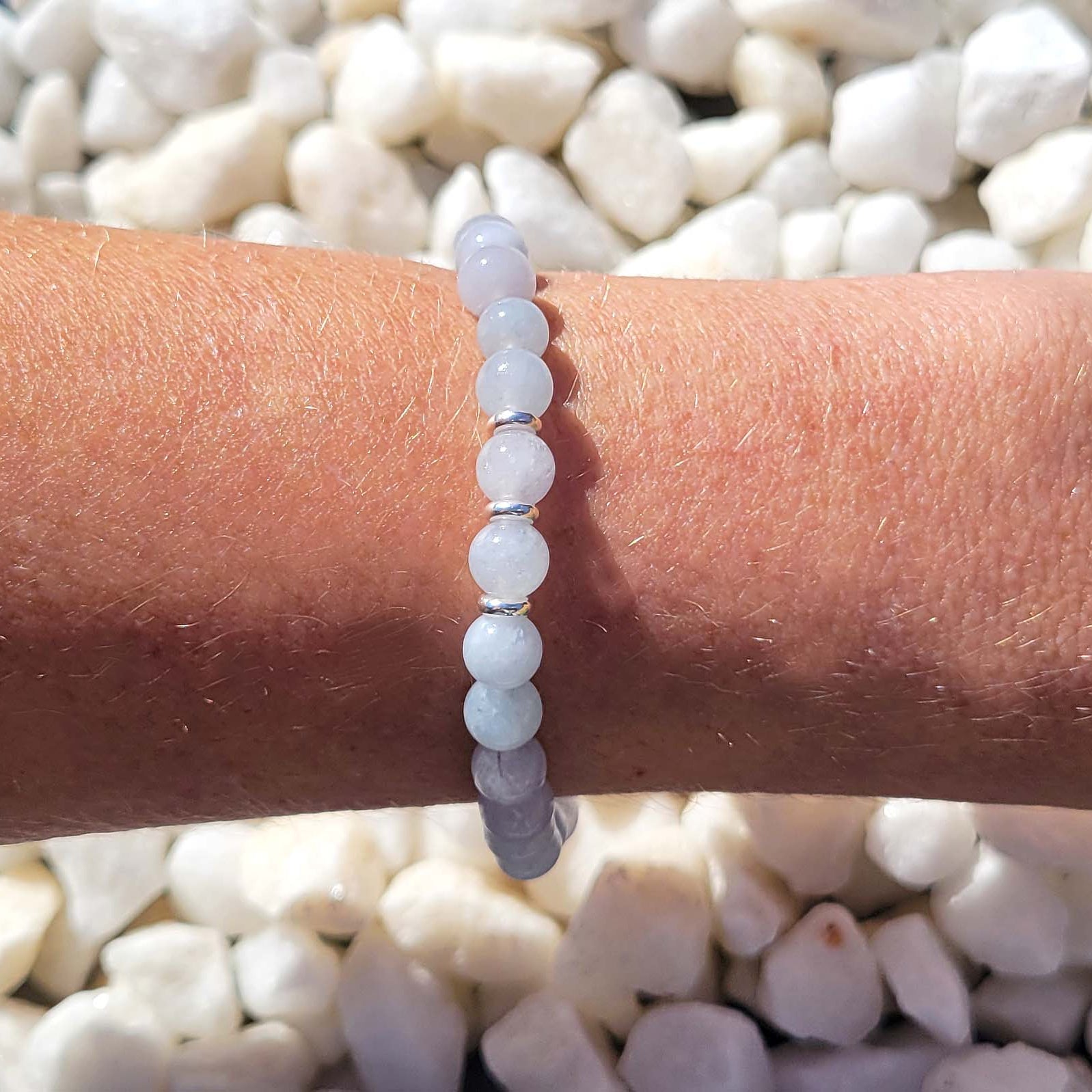 Moonstone Stretch Beaded Bracelet – Natural Healing Crystal 6mm with Sterling Silver 925