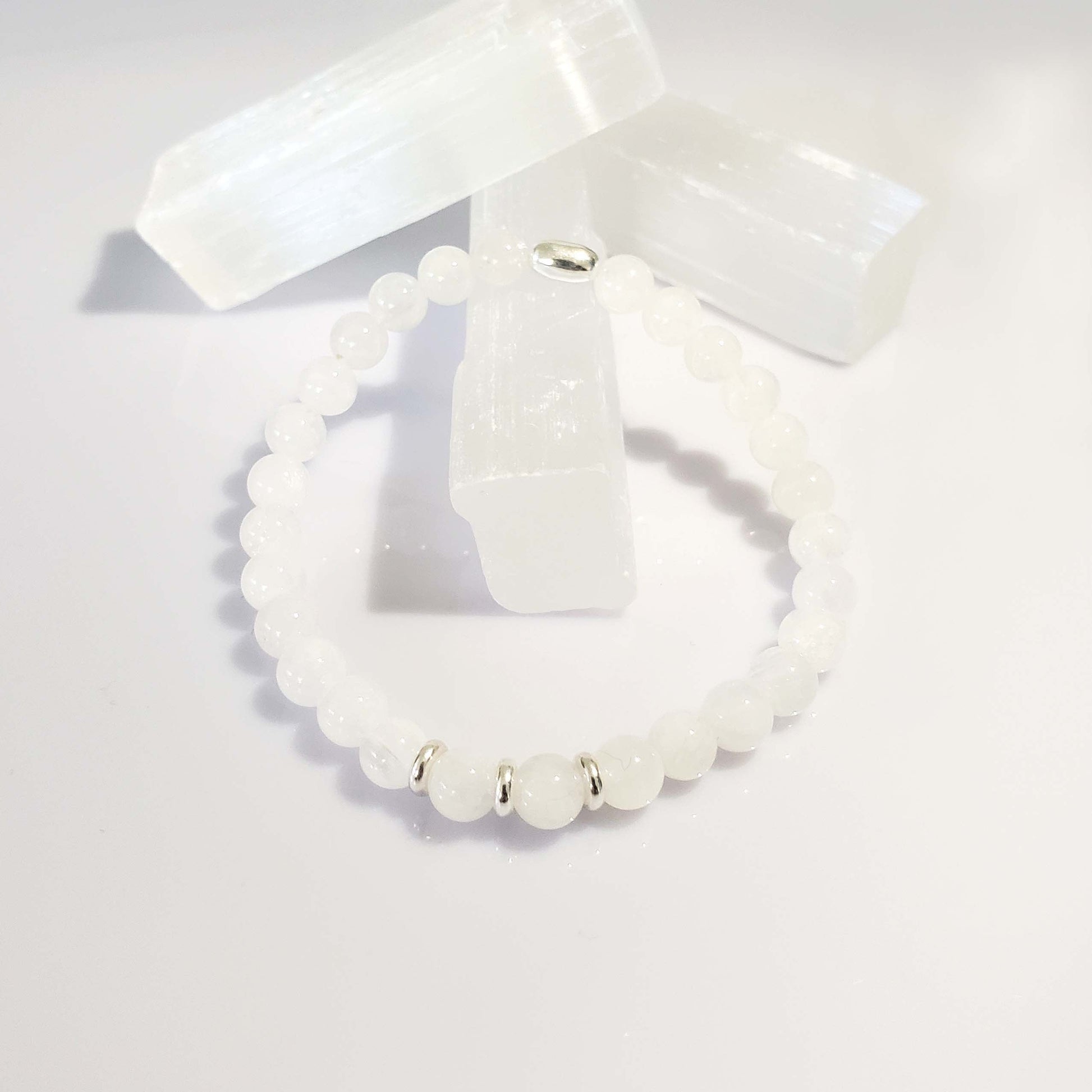 Moonstone Stretch Beaded Bracelet – Natural Healing Crystal 6mm with Sterling Silver 925