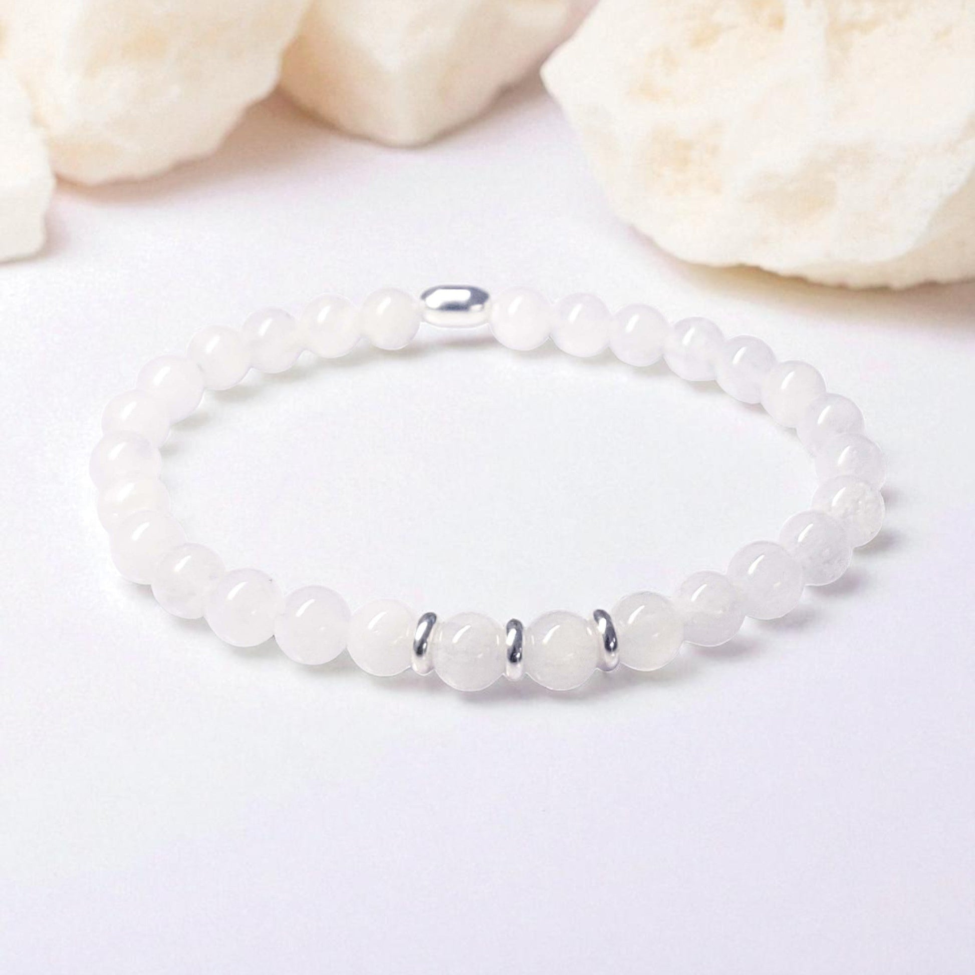 Moonstone Stretch Beaded Bracelet – Natural Healing Crystal 6mm with Sterling Silver 925