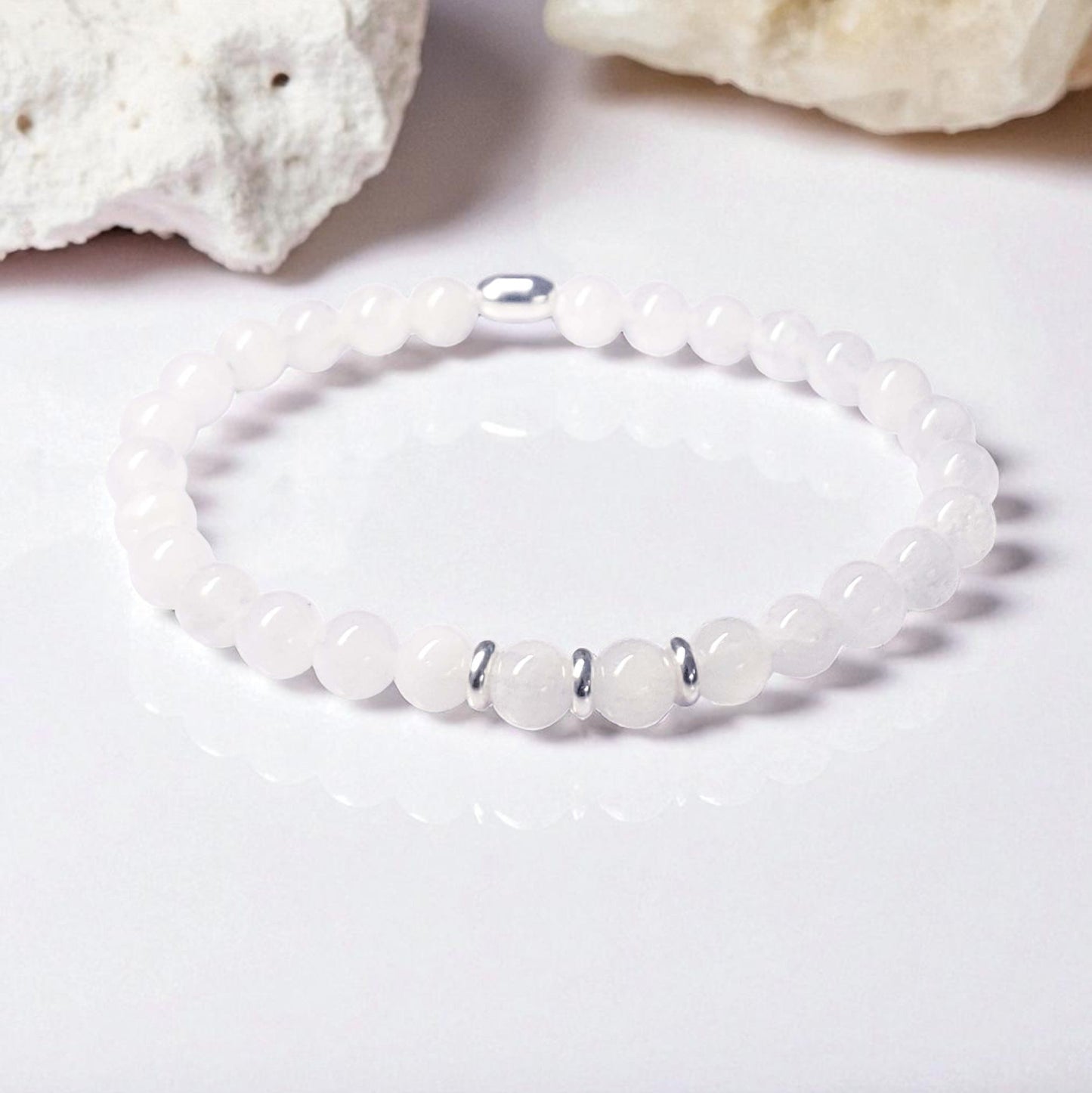 Moonstone Stretch Beaded Bracelet – Natural Healing Crystal 6mm with Sterling Silver 925