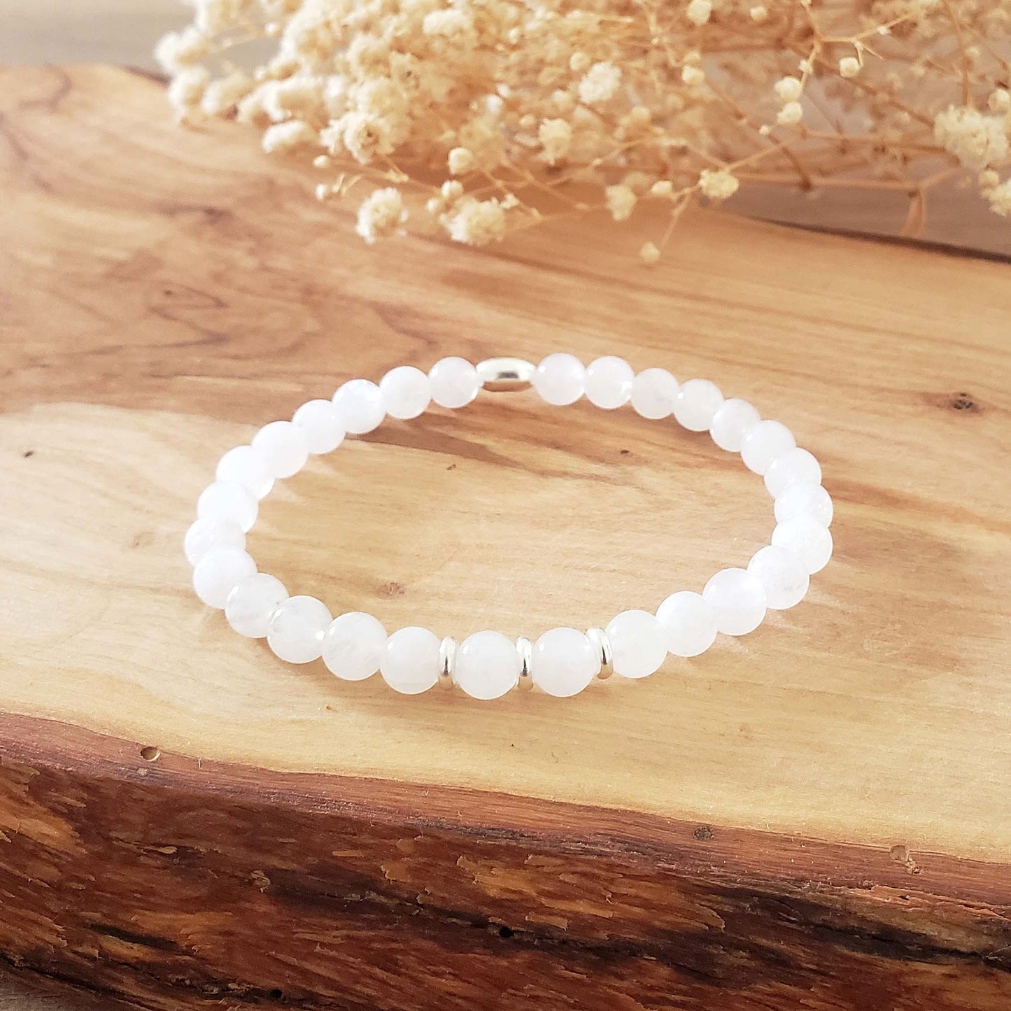 Moonstone Stretch Beaded Bracelet – Natural Healing Crystal 6mm with Sterling Silver 925