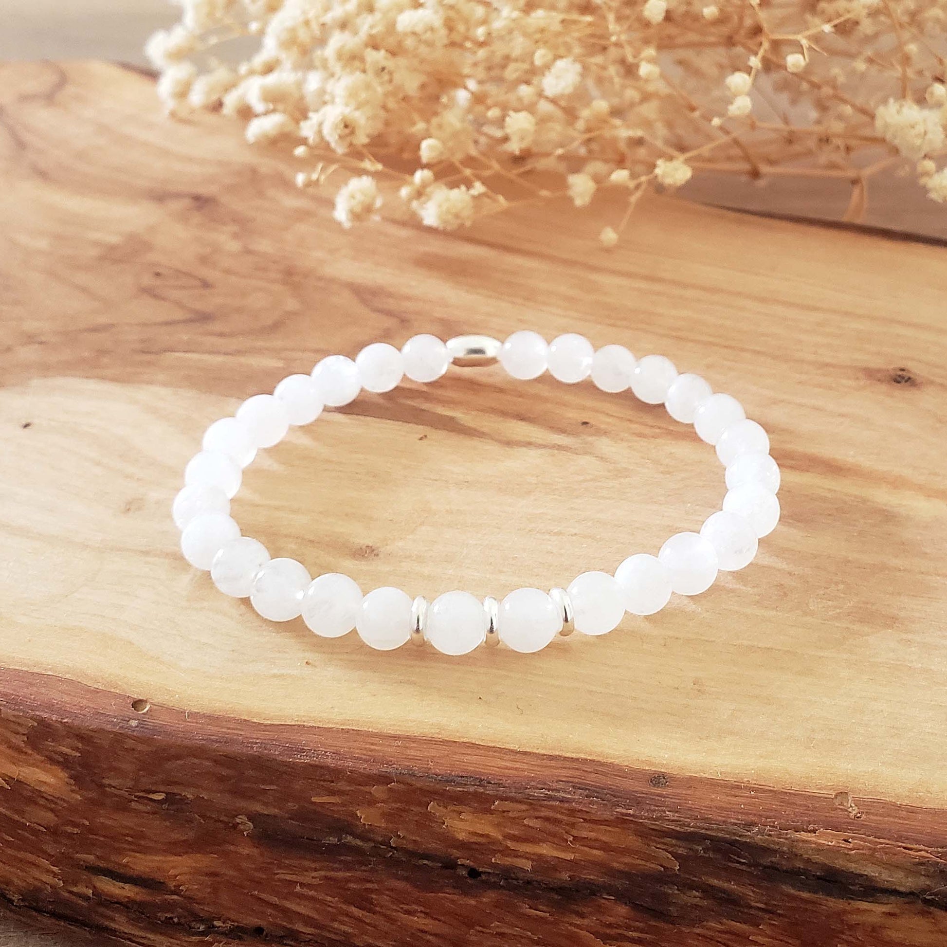 Moonstone Stretch Beaded Bracelet – Natural Healing Crystal 6mm with Sterling Silver 925
