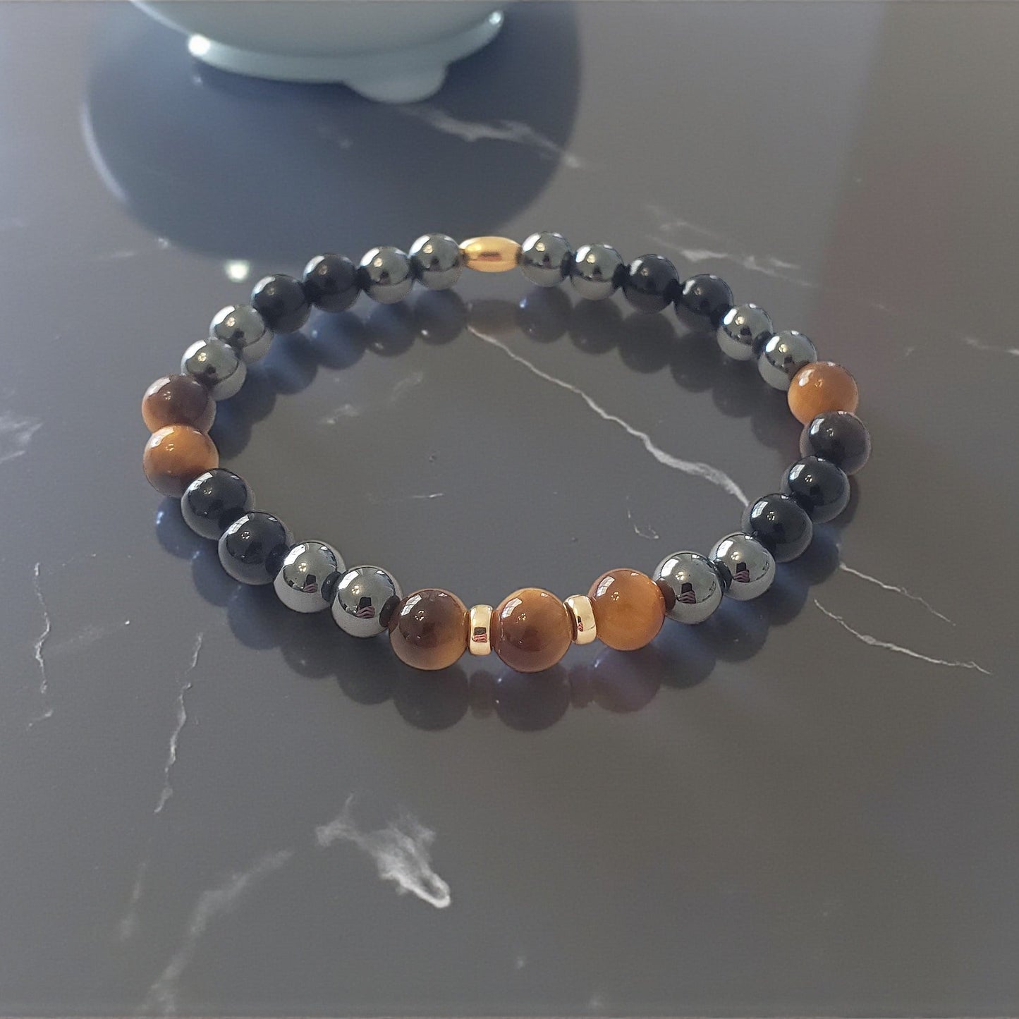 SanaBelle® Men’s Protection Healing Bracelet – Tiger’s Eye, Black Tourmaline & Hematite with Gold Accents