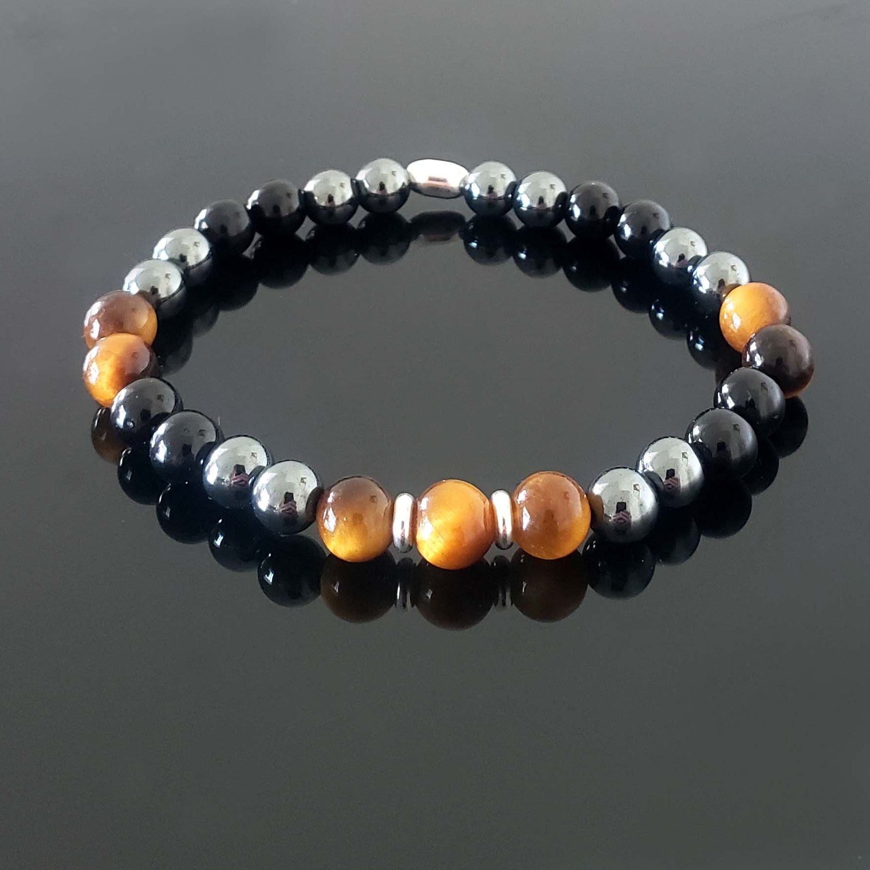 SanaBelle® Men’s Protection Healing Bracelet – Tiger’s Eye, Black Tourmaline & Hematite with Sterling Silver Accents