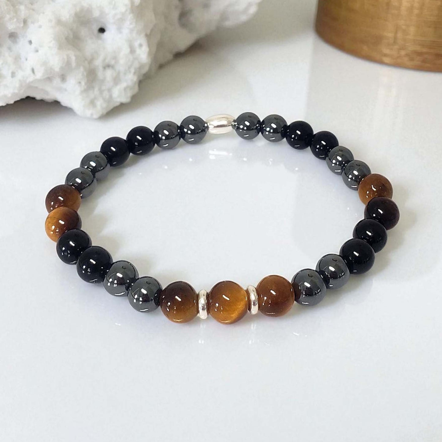 SanaBelle® Men’s Protection Healing Bracelet – Tiger’s Eye, Black Tourmaline & Hematite with Sterling Silver Accents