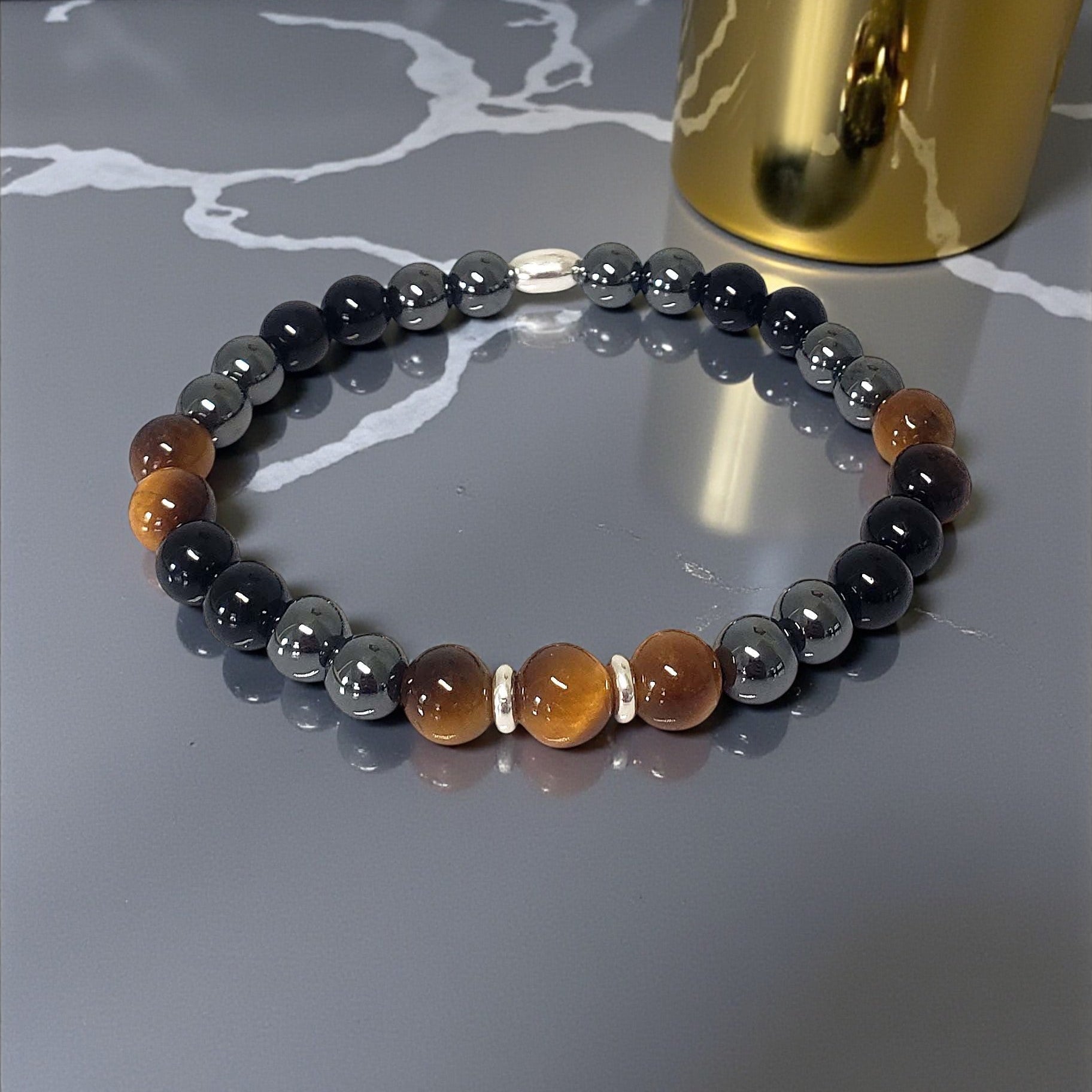 SanaBelle® Men’s Protection Healing Bracelet – Tiger’s Eye, Black Tourmaline & Hematite with Sterling Silver Accents
