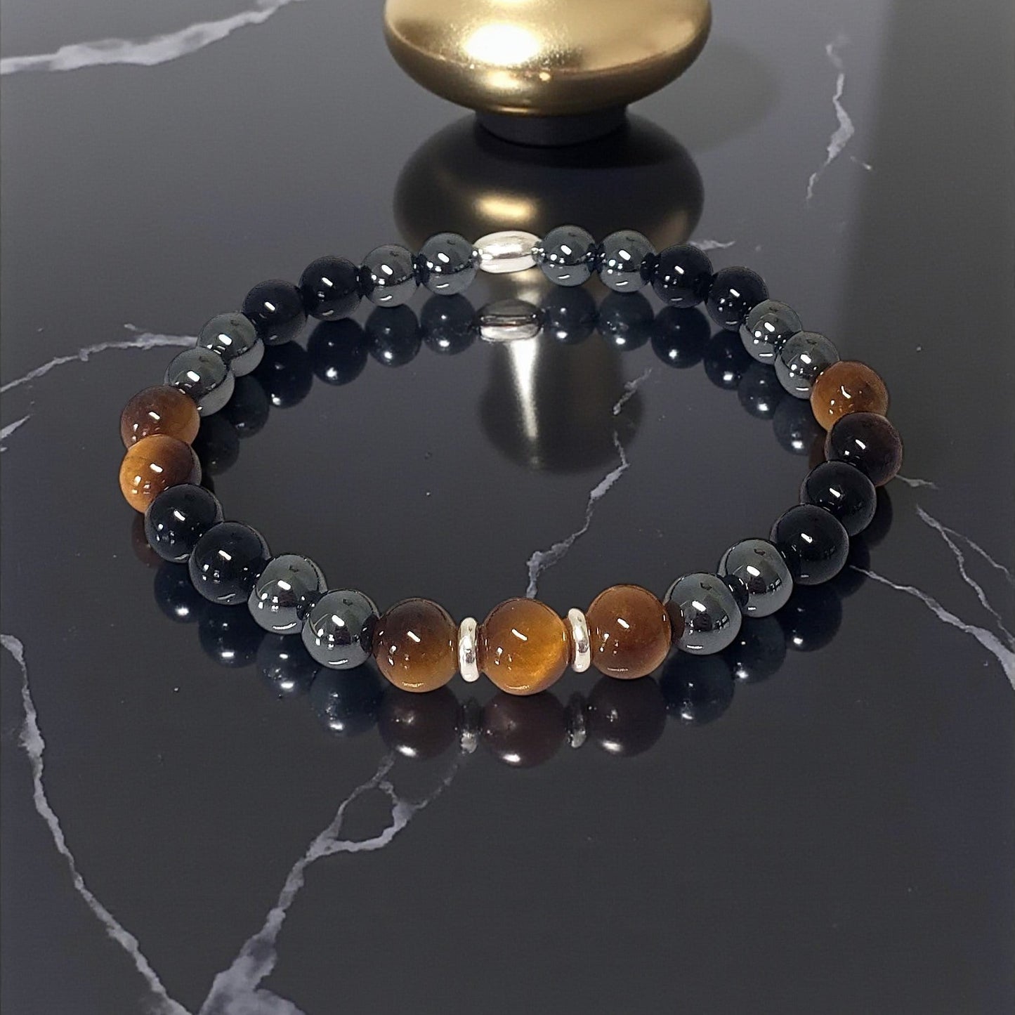 SanaBelle® Men’s Protection Healing Bracelet – Tiger’s Eye, Black Tourmaline & Hematite with Sterling Silver Accents