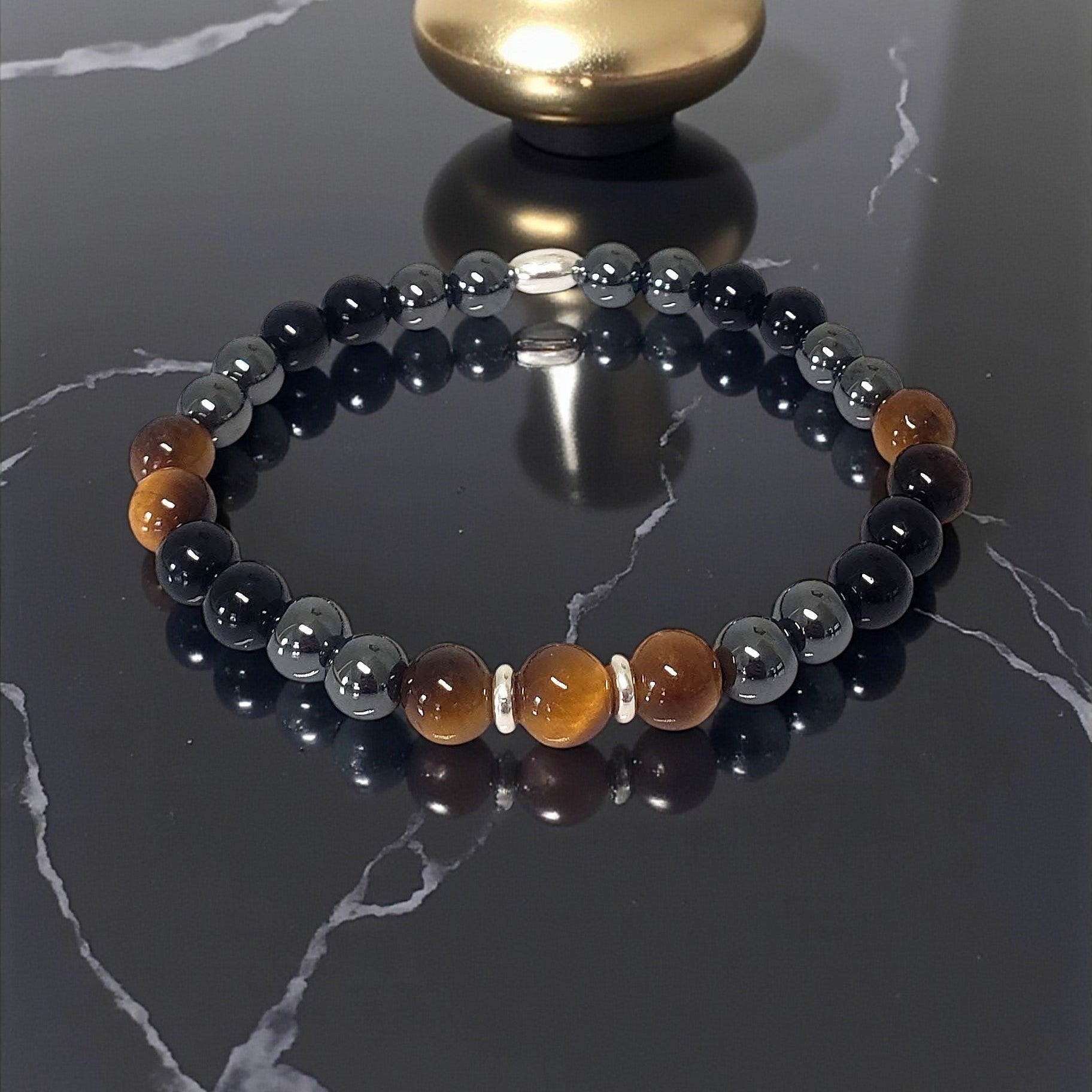 SanaBelle® Men’s Protection Healing Bracelet – Tiger’s Eye, Black Tourmaline & Hematite with Sterling Silver Accents