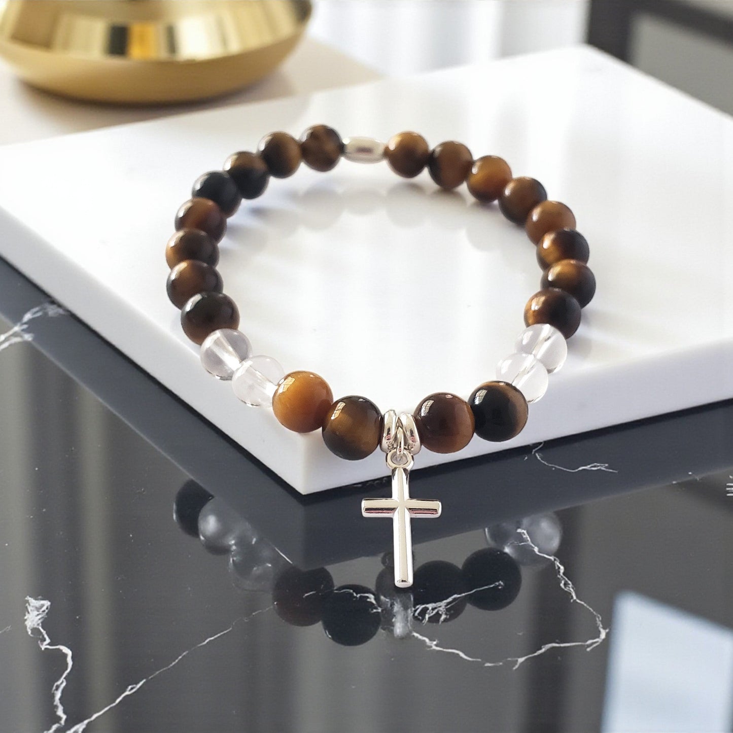 SanaBelle® Strengthening Faith Bracelet – 6mm Natural Tiger’s Eye & Clear Quartz Gemstones with Sterling Silver Cross Charm