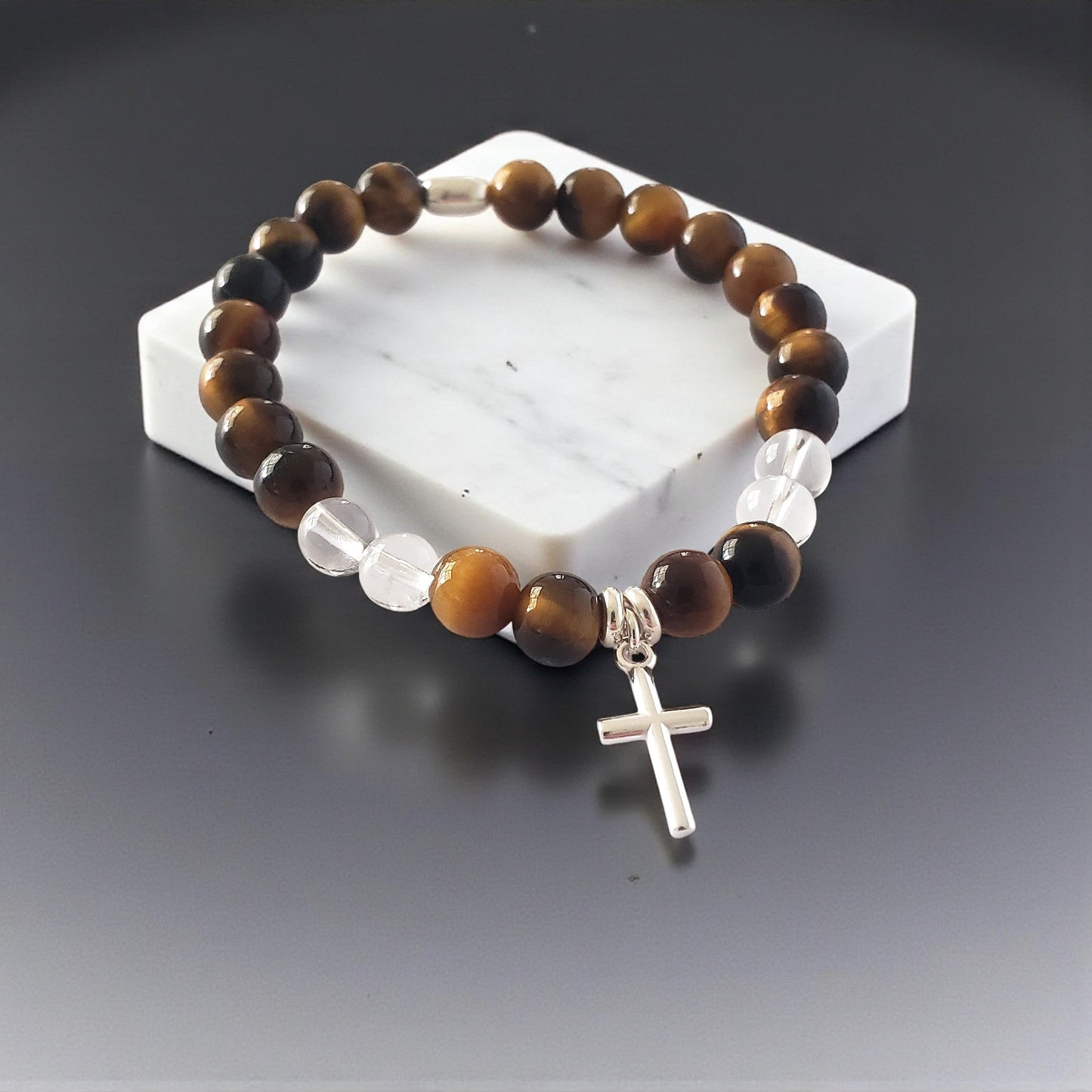 SanaBelle® Strengthening Faith Bracelet – 6mm Natural Tiger’s Eye & Clear Quartz Gemstones with Sterling Silver Cross Charm