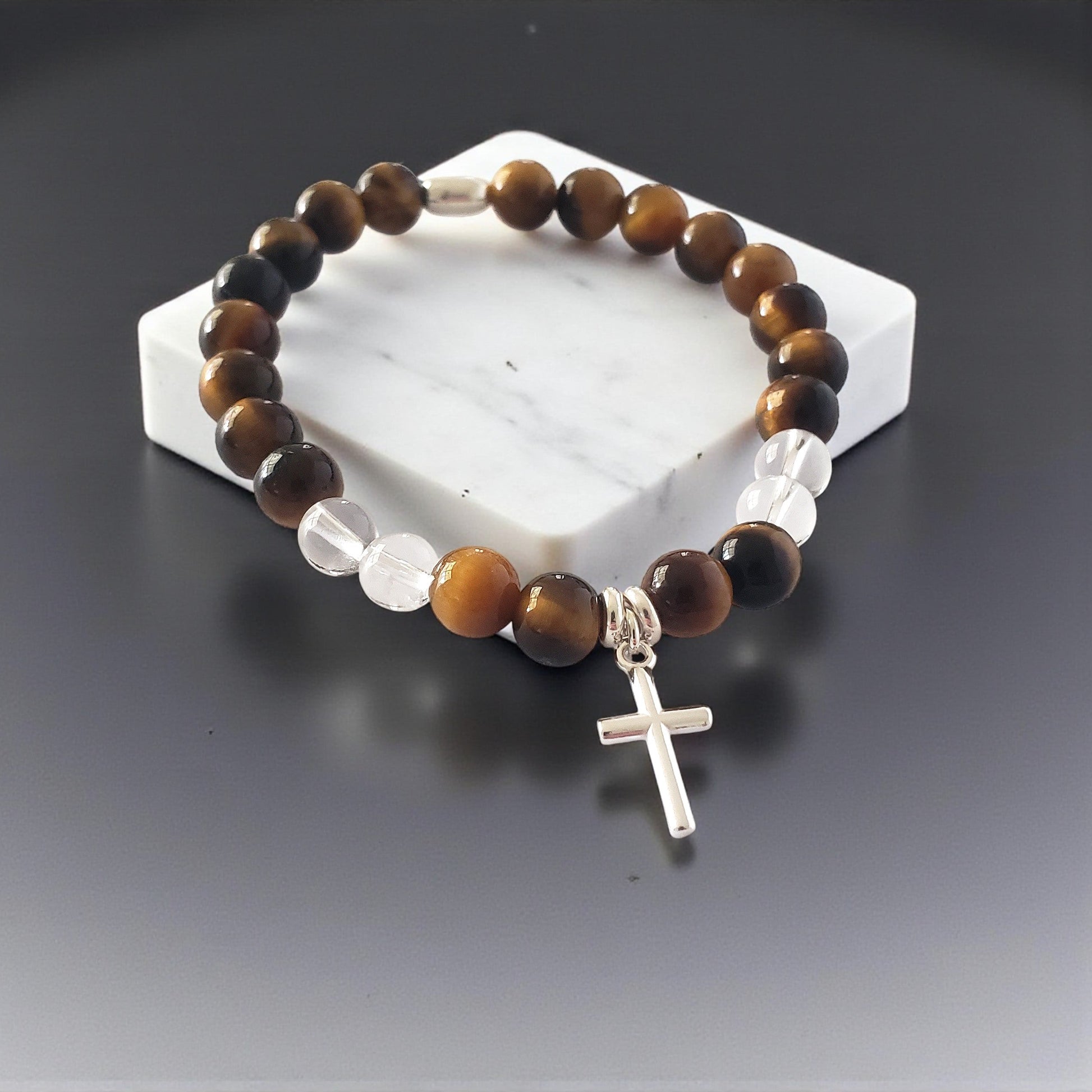 SanaBelle® Strengthening Faith Bracelet – 6mm Natural Tiger’s Eye & Clear Quartz Gemstones with Sterling Silver Cross Charm