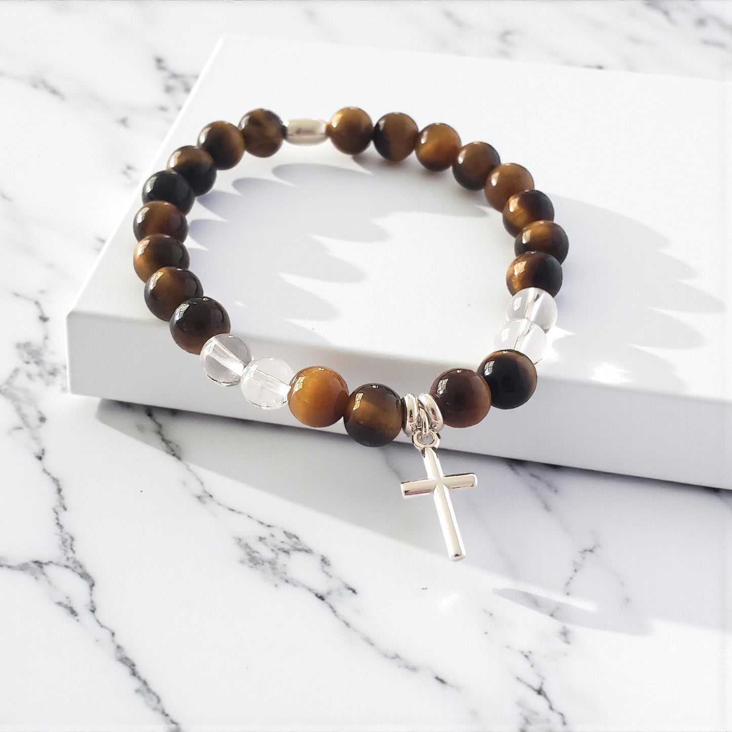 SanaBelle® Strengthening Faith Bracelet – 6mm Natural Tiger’s Eye & Clear Quartz Gemstones with Sterling Silver Cross Charm