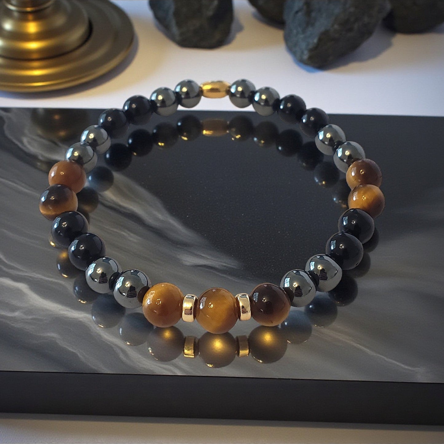 SanaBelle® Men’s Protection Healing Bracelet – Tiger’s Eye, Black Tourmaline & Hematite with Gold Accents