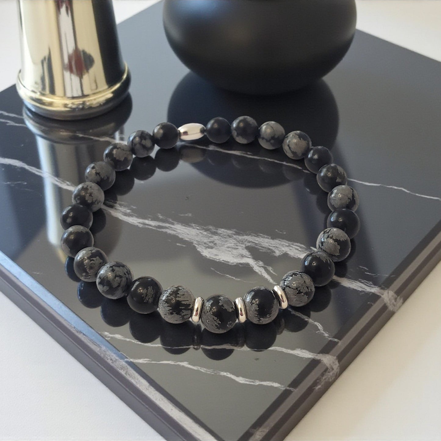 SanaBelle® Men’s Snowflake Obsidian Healing Bracelet – 6mm Natural Gemstones with Sterling Silver Accents