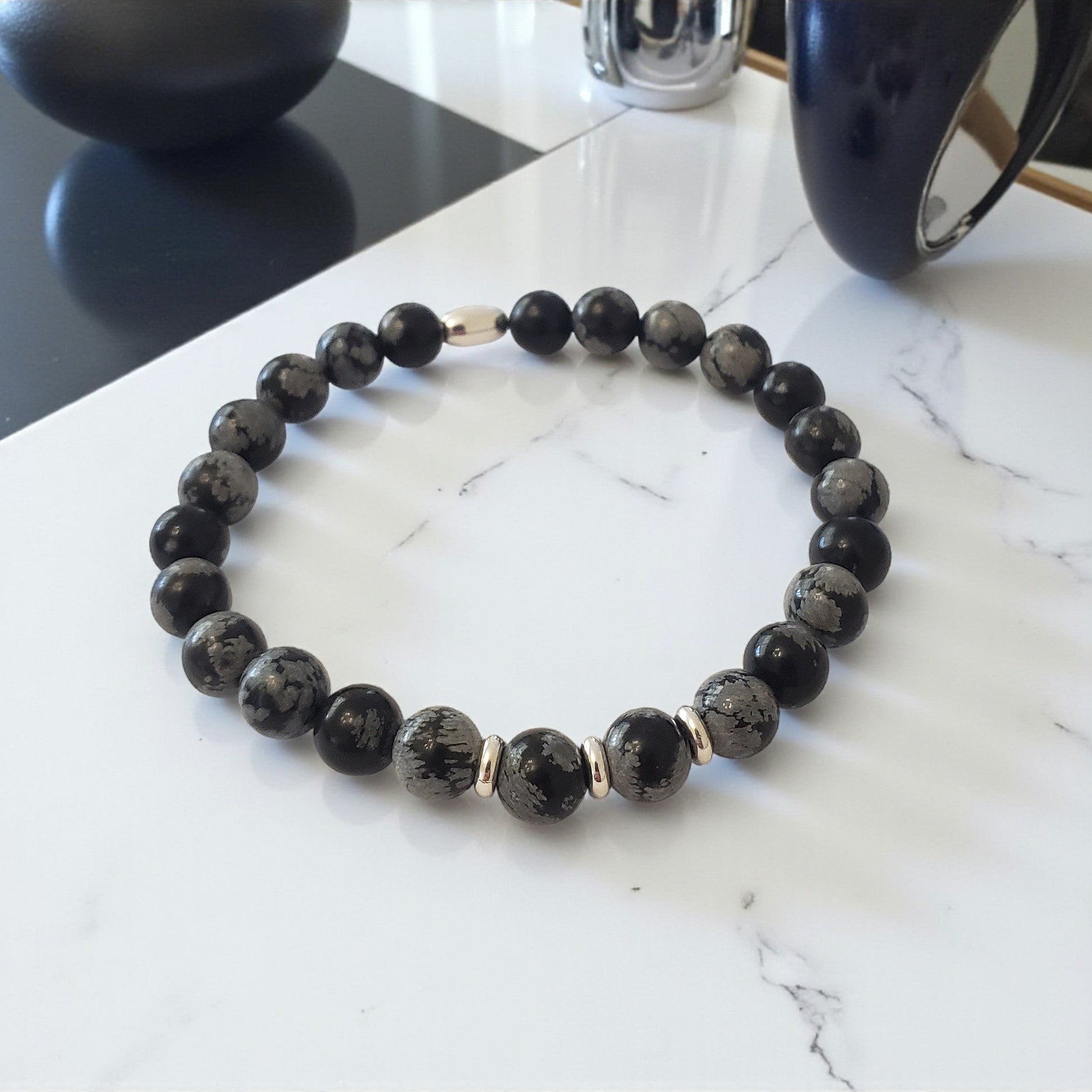 SanaBelle® Men’s Snowflake Obsidian Healing Bracelet – 6mm Natural Gemstones with Sterling Silver Accents