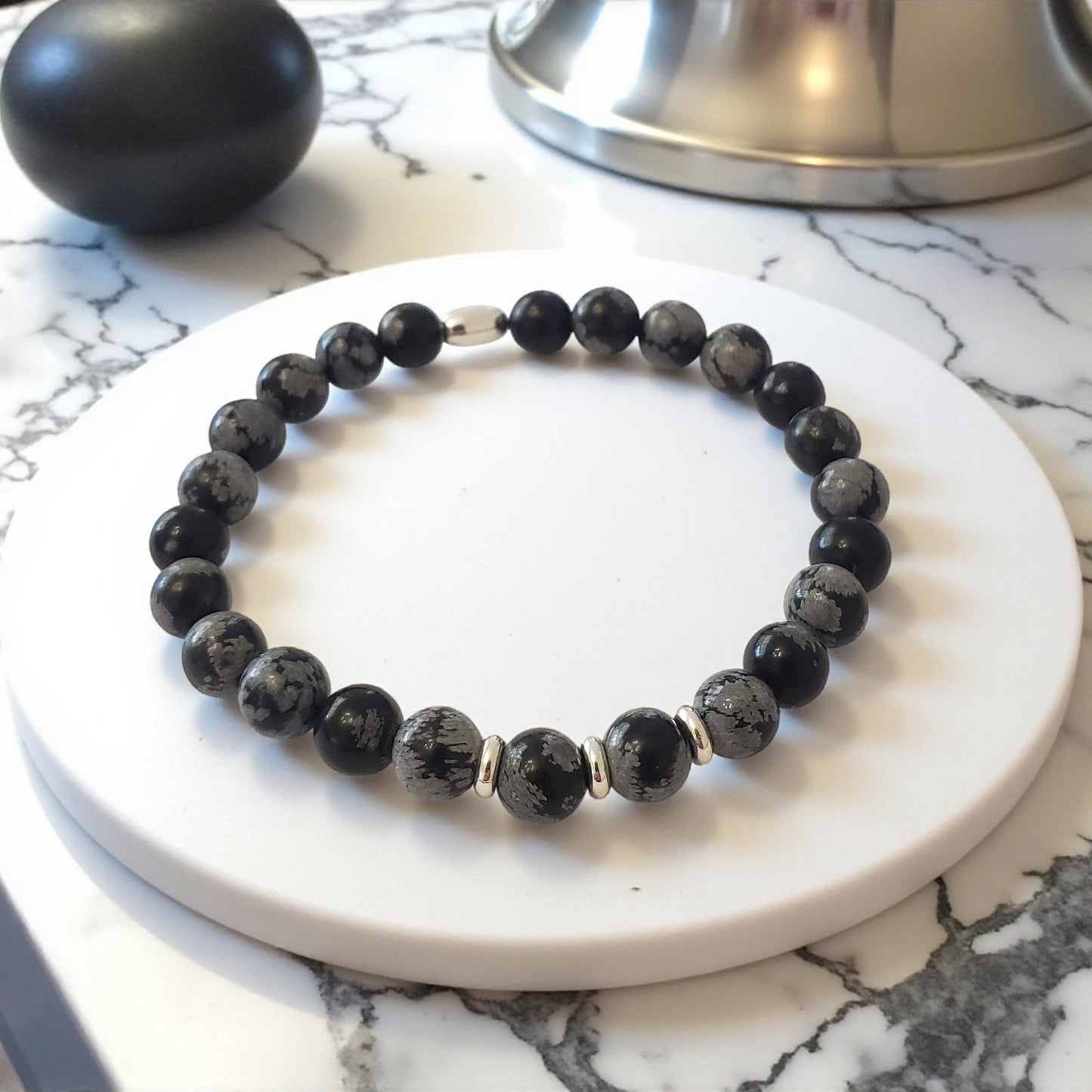 SanaBelle® Men’s Snowflake Obsidian Healing Bracelet – 6mm Natural Gemstones with Sterling Silver Accents