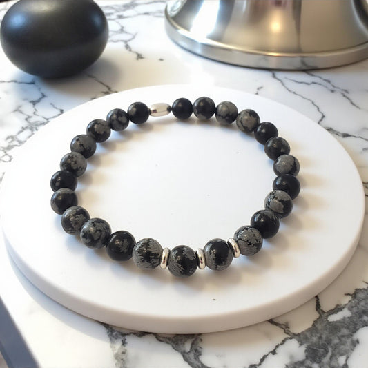 SanaBelle® Men’s Snowflake Obsidian Healing Bracelet – 6mm Natural Gemstones with Sterling Silver Accents