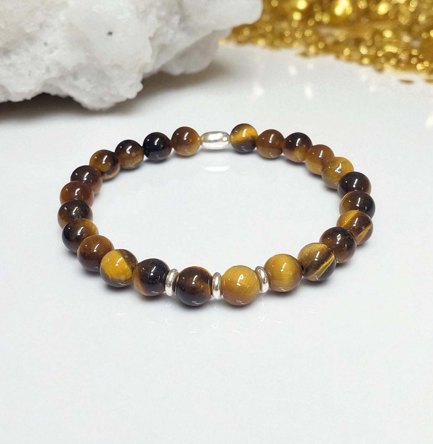 SanaBelle® Men’s Tiger’s Eye Healing Bracelet – 6mm Natural Gemstones with Silver Accents