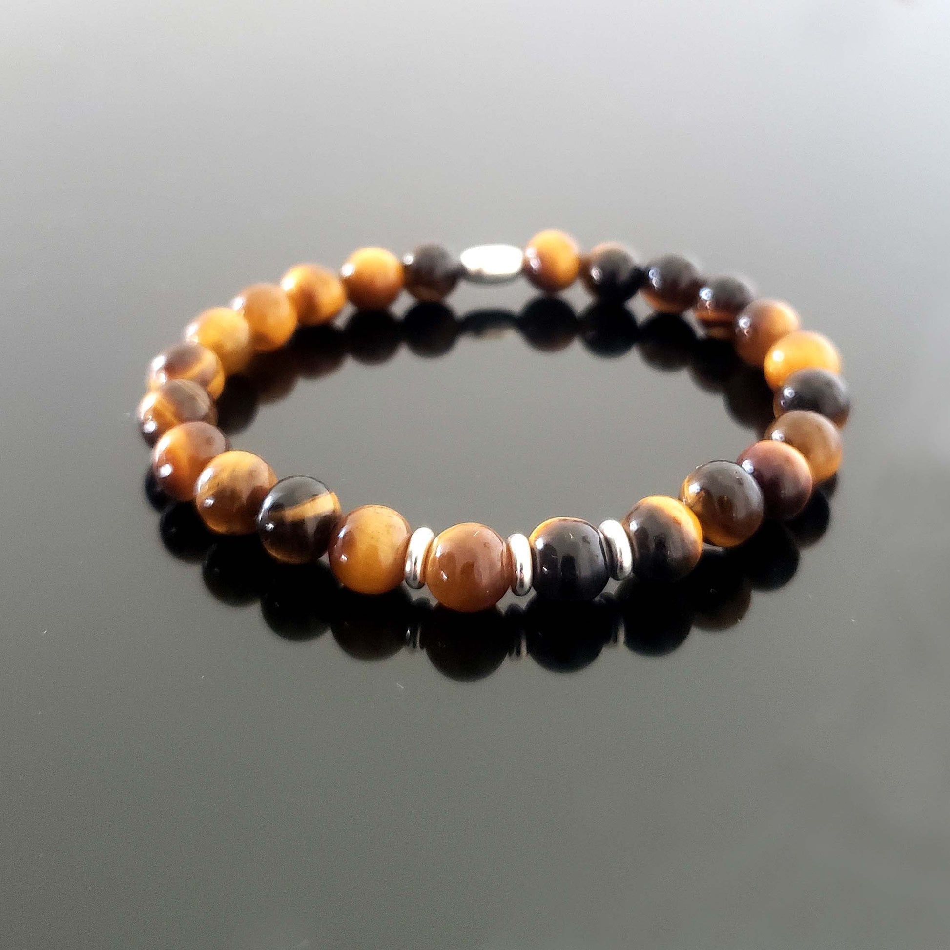 SanaBelle® Men’s Tiger’s Eye Healing Bracelet – 6mm Natural Gemstones with Silver Accents