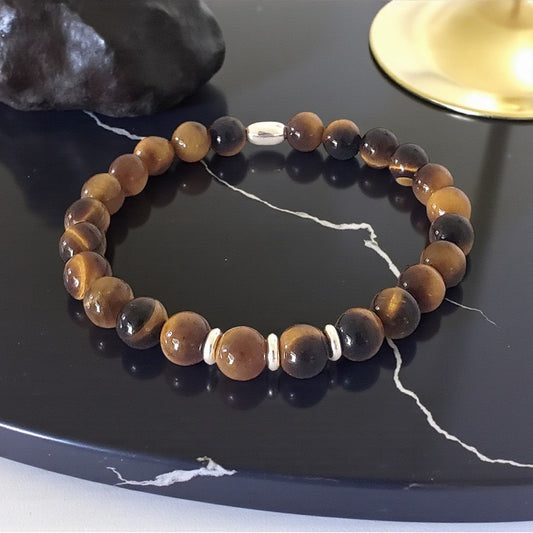 SanaBelle® Men’s Tiger’s Eye Healing Bracelet – 6mm Natural Gemstones with Sterling Silver Accents