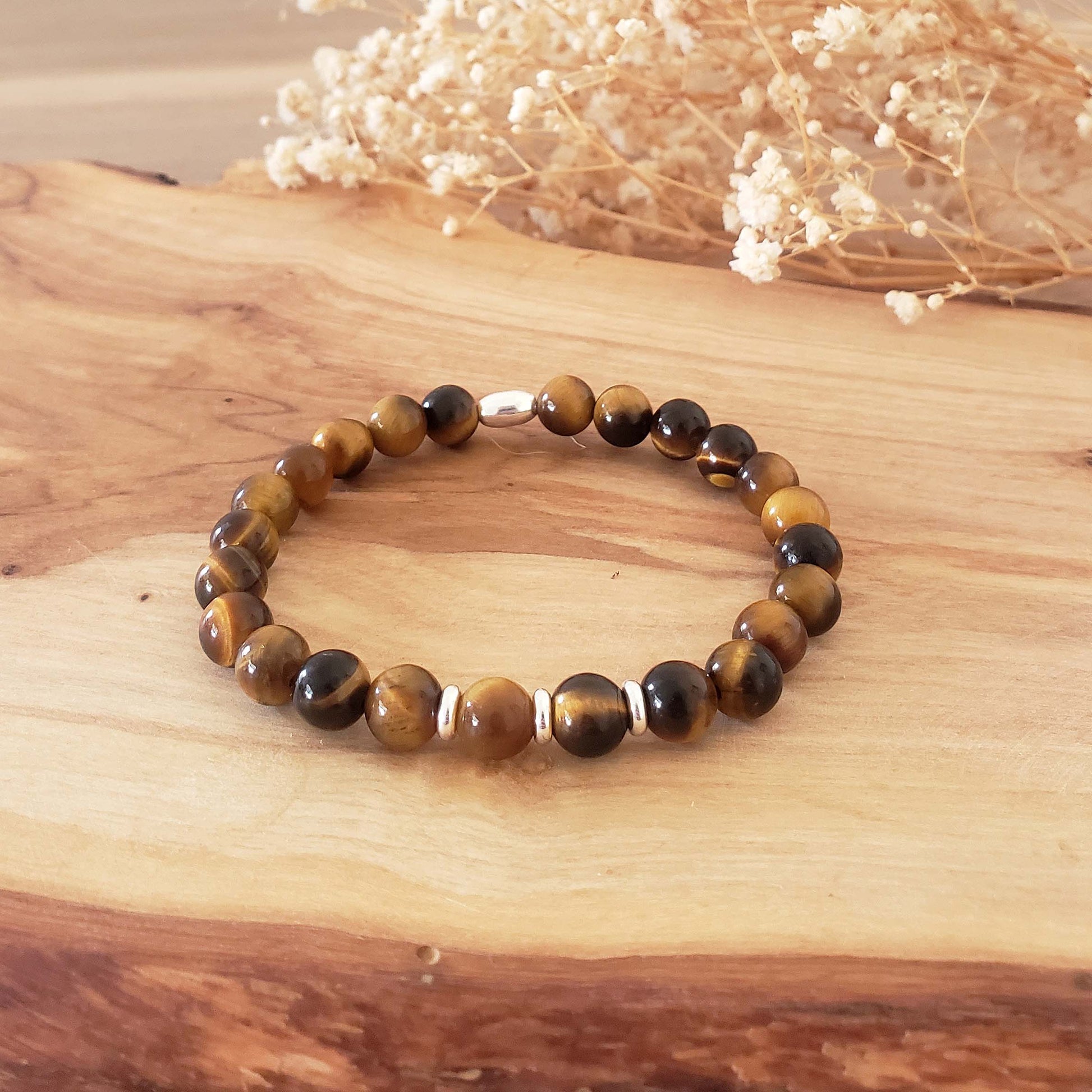 SanaBelle® Men’s Tiger’s Eye Healing Bracelet – 6mm Natural Gemstones with Silver Accents