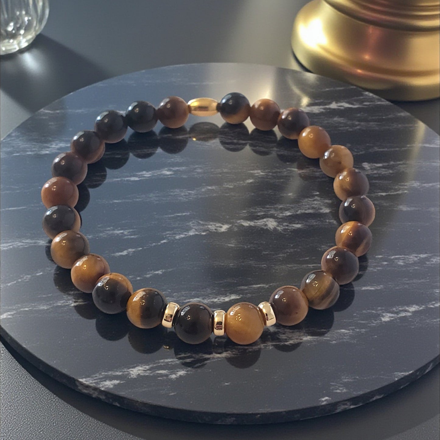 SanaBelle® Men’s Tiger’s Eye Healing Bracelet – 6mm Natural Gemstones with Gold Accents