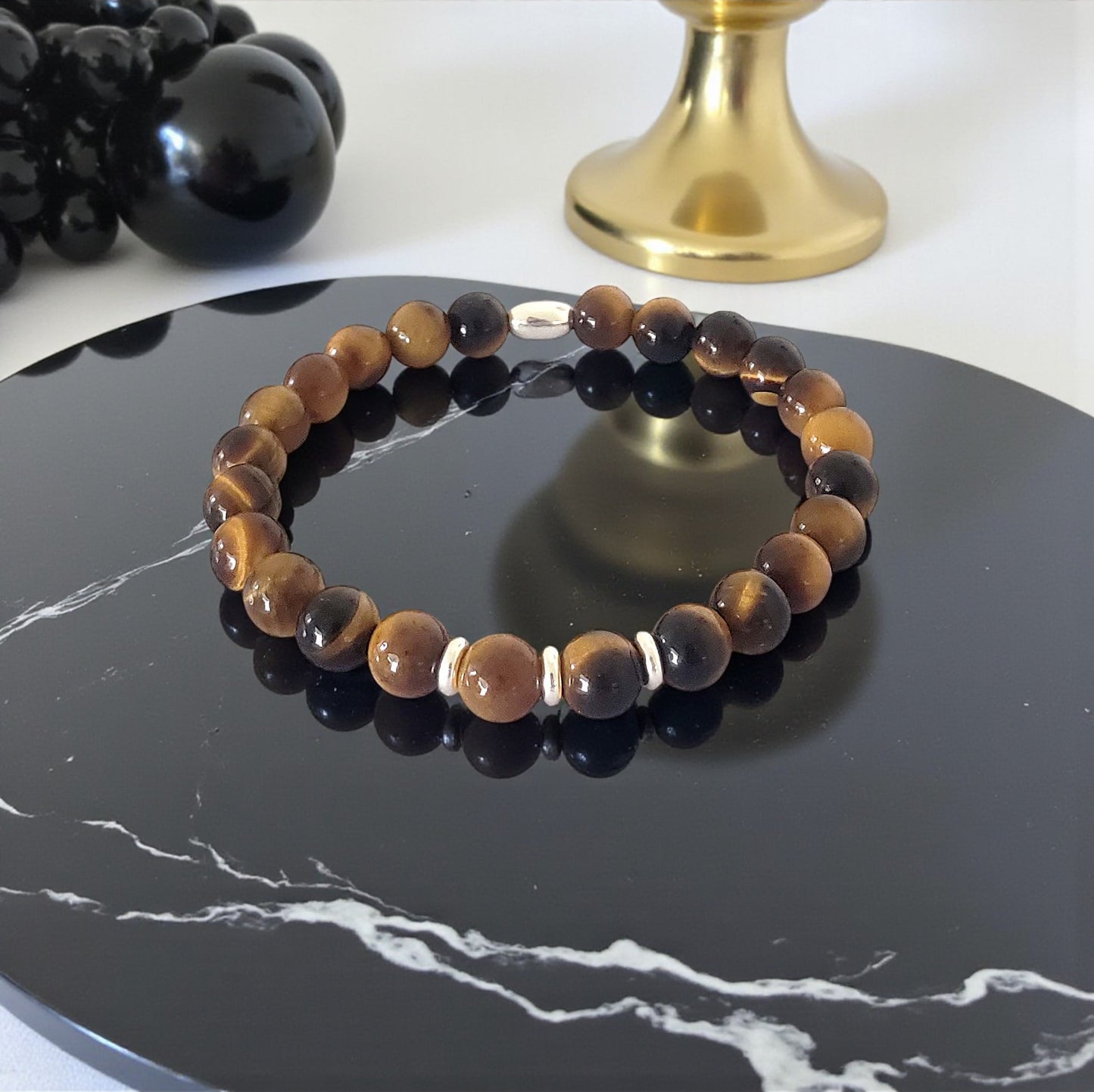 SanaBelle® Men’s Tiger’s Eye Healing Bracelet – 6mm Natural Gemstones with Silver Accents