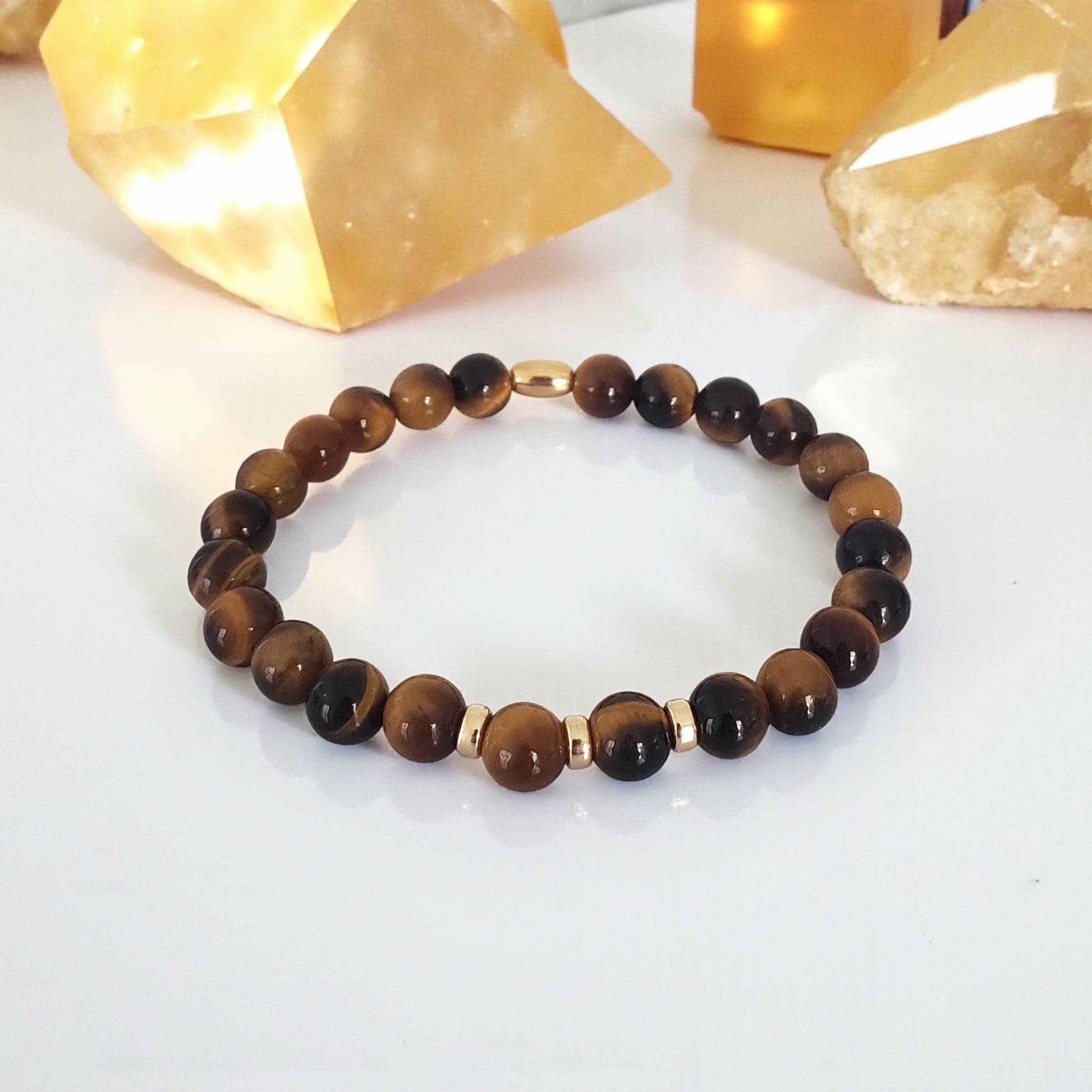 SanaBelle® Men’s Tiger’s Eye Healing Bracelet – 6mm Natural Gemstones with Sterling Gold Accents