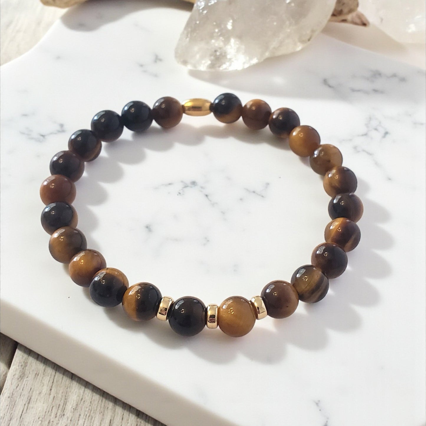 SanaBelle® Men’s Tiger’s Eye Healing Bracelet – 6mm Natural Gemstones with Gold Accents