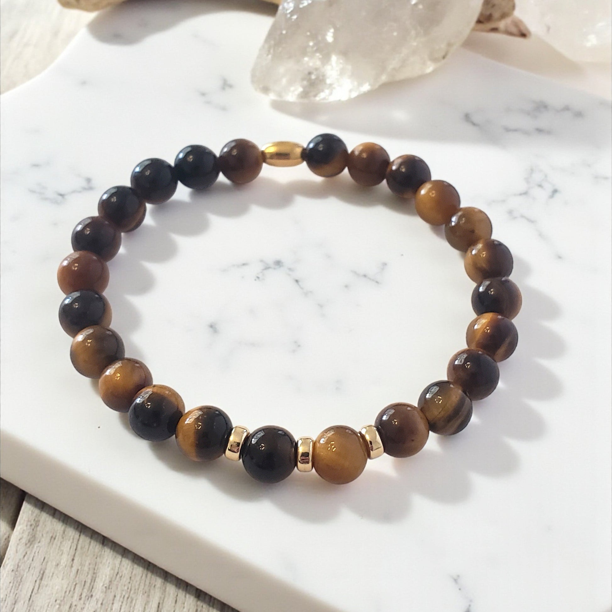 SanaBelle® Men’s Tiger’s Eye Healing Bracelet – 6mm Natural Gemstones with Gold Accents