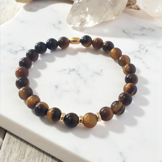 SanaBelle® Men’s Tiger’s Eye Healing Bracelet – 6mm Natural Gemstones with Gold Accents