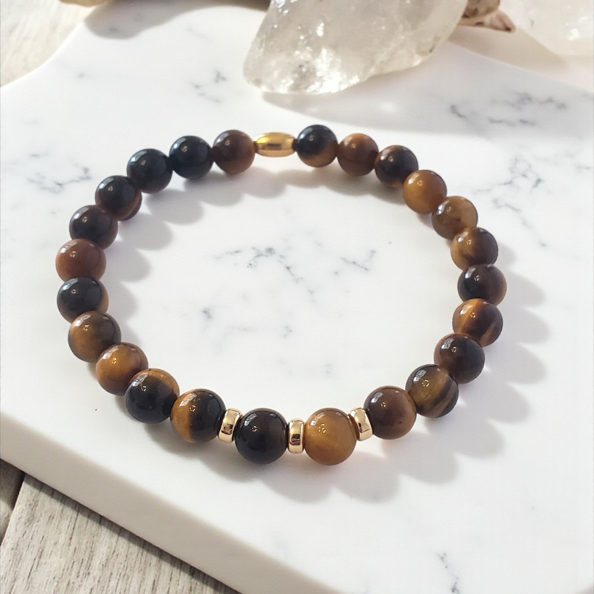 SanaBelle® Men’s Tiger’s Eye Healing Bracelet – 6mm Natural Gemstones with Sterling Gold Accents