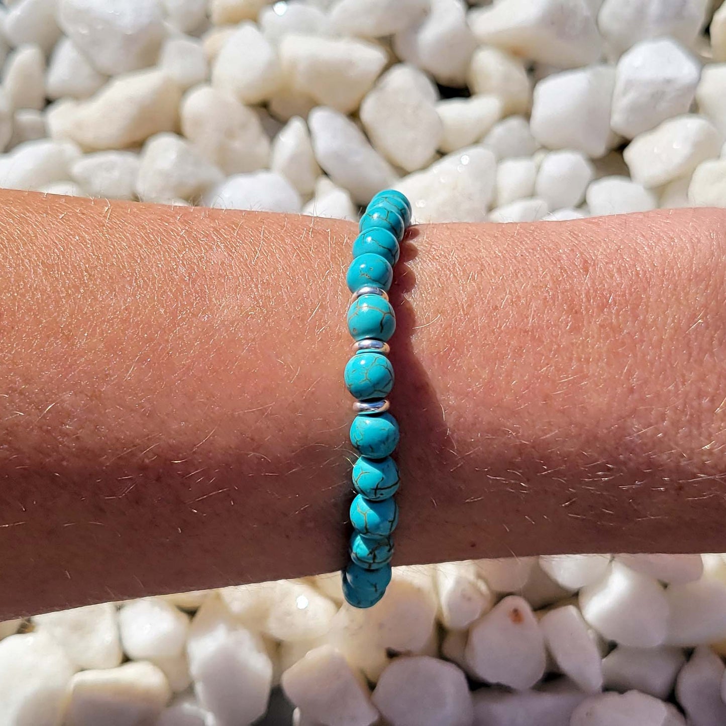 Turquoise Stretch Beaded Bracelet – Natural Healing Crystal 6mm with Sterling Silver 925